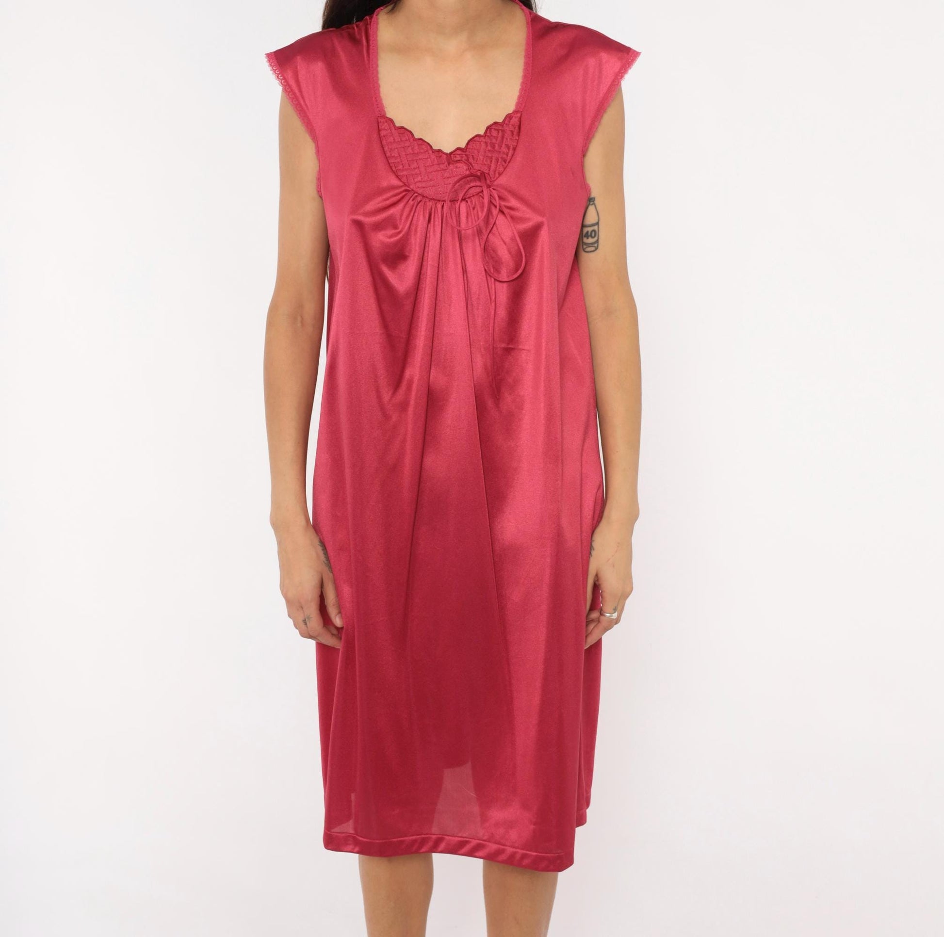 80s JCPenney Burgundy Nightgown Scalloped Yoke Cap Sleeve Knee-Length Medium