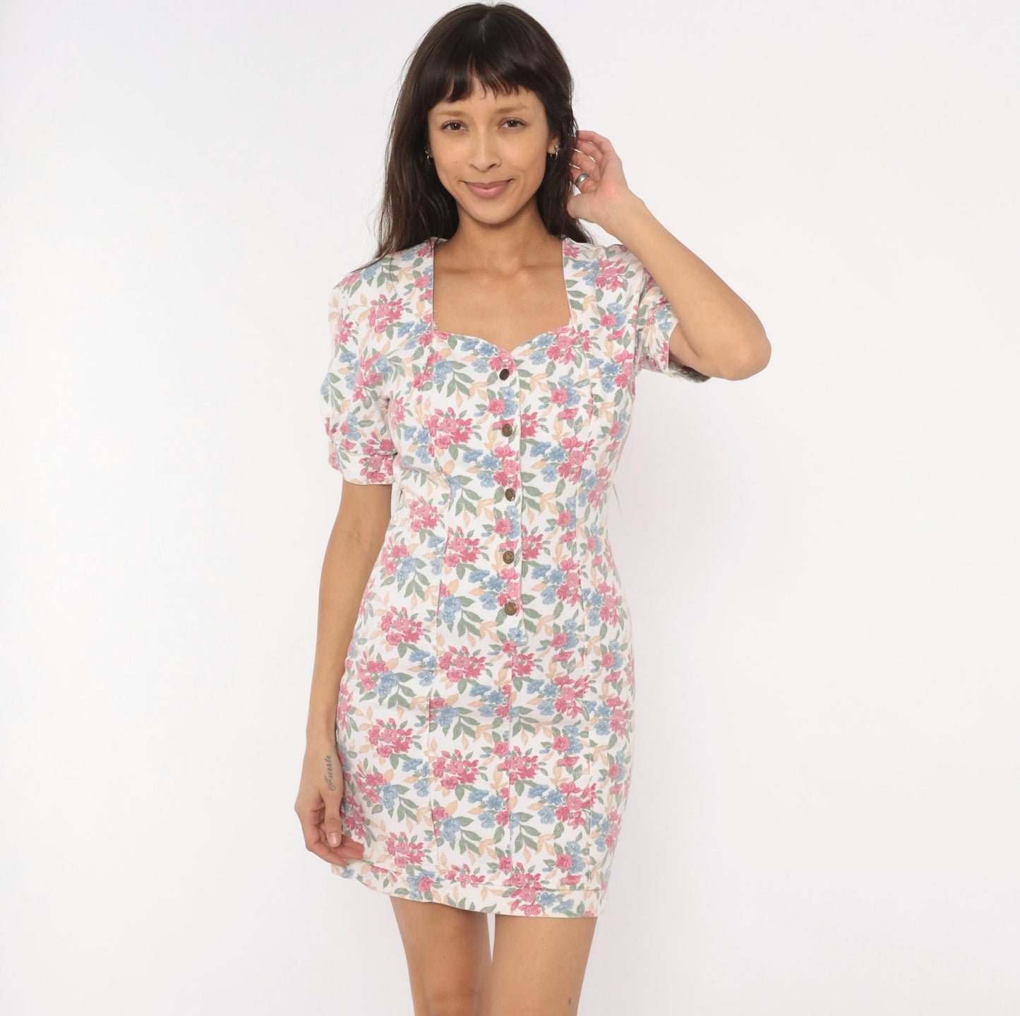90s Hollywood Blvd Floral Mini Dress Sweetheart Puff Sleeve Cotton Small