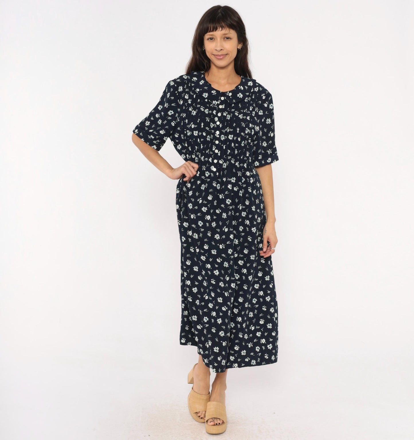 90s Kathie Lee Navy Floral Midi Dress Peter Pan Collar Pintuck Bodice Large L