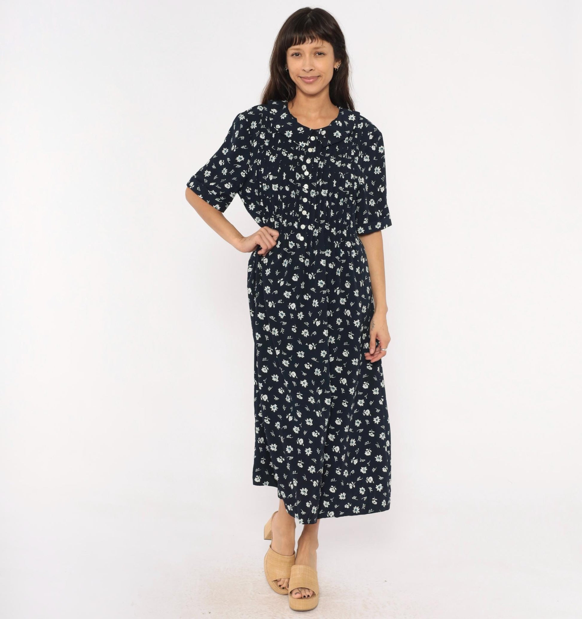 90s Kathie Lee Navy Floral Midi Dress Peter Pan Collar Pintuck Bodice Large L