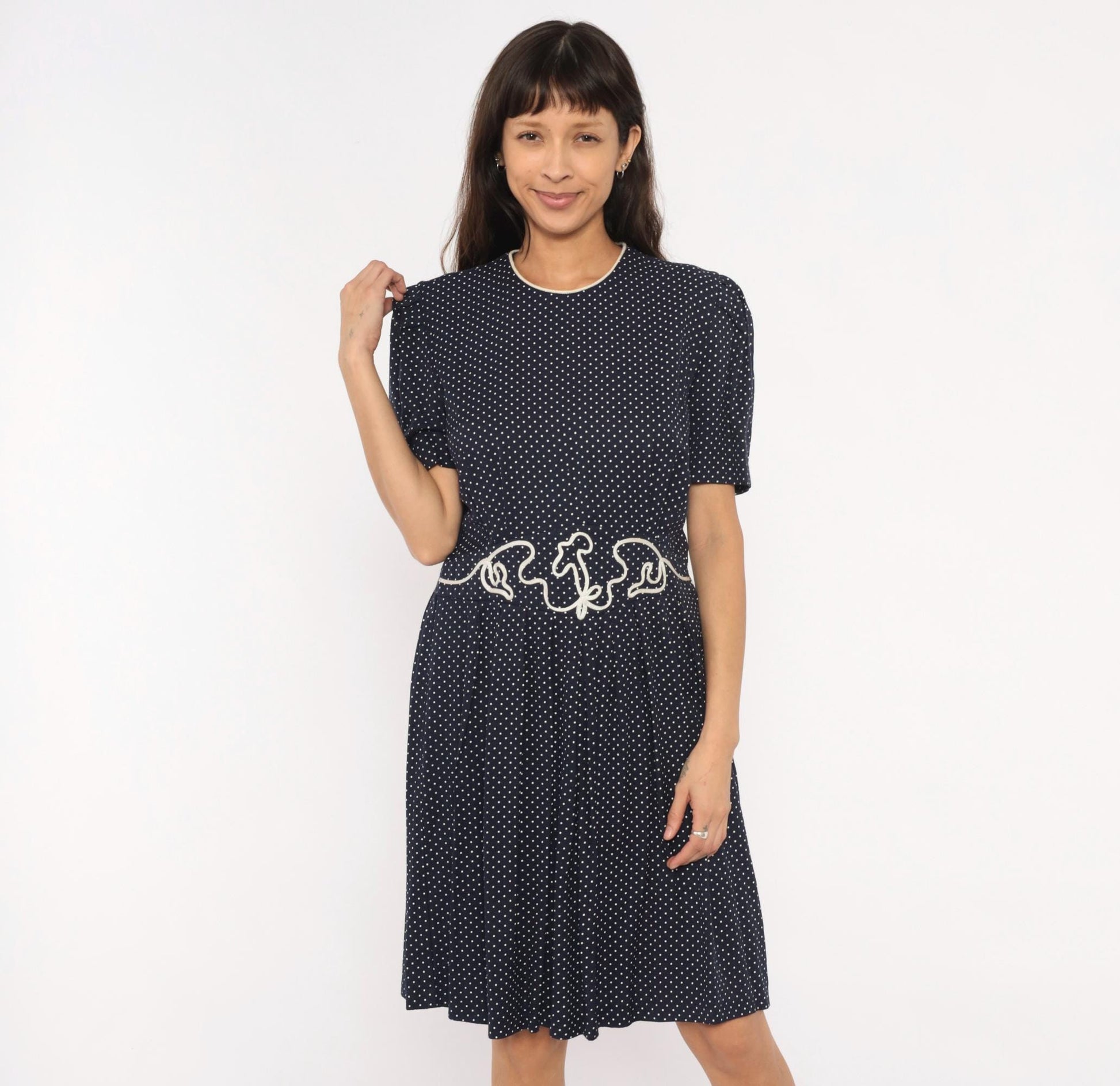 80s Miss Dorby Navy Polka Dot Dress Puff Sleeve Soutache Braid Waist Large L