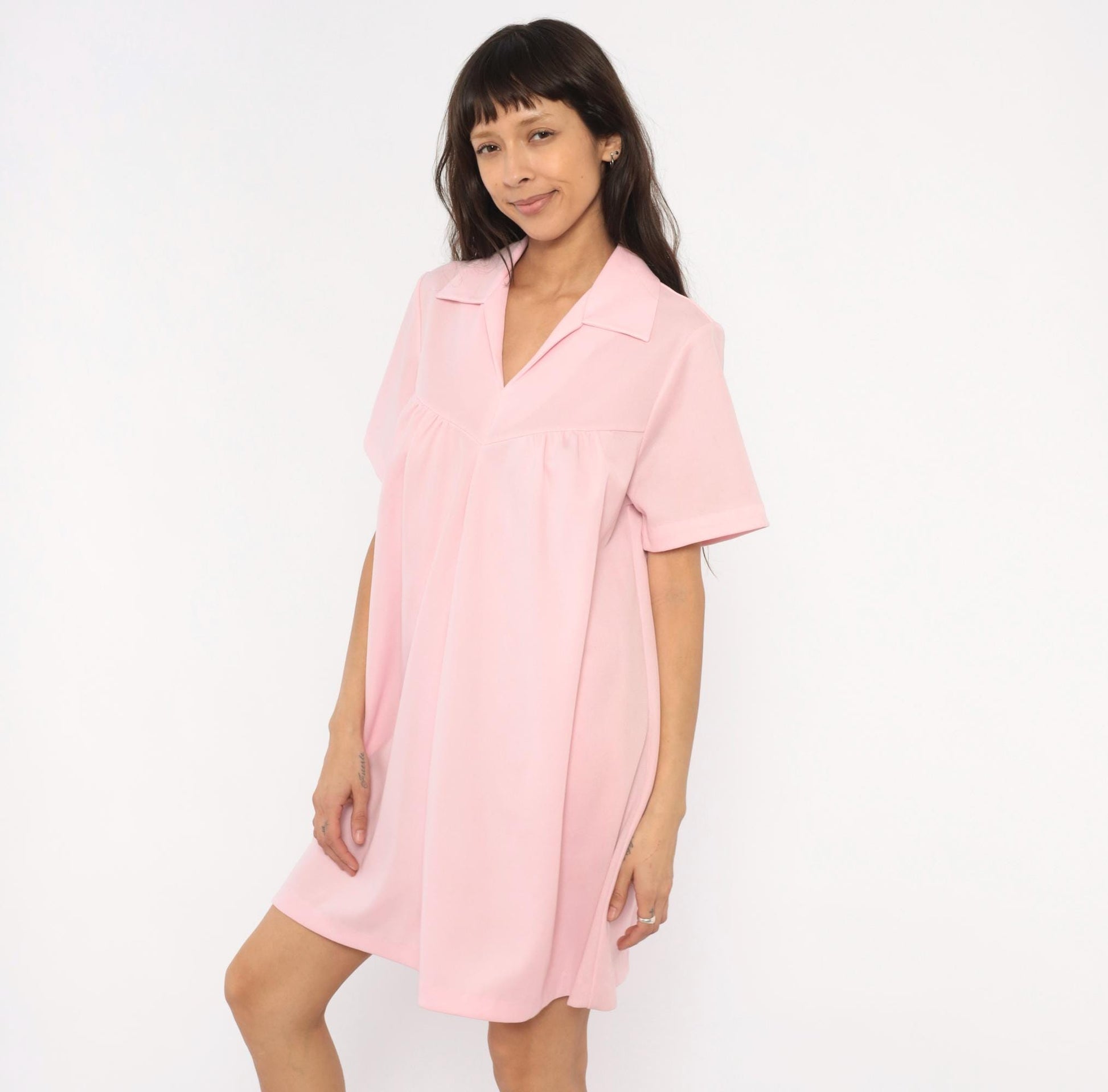 70s Baby Pink Babydoll Dress V Neck Gathered Bust A Line Knee Length Extra Large