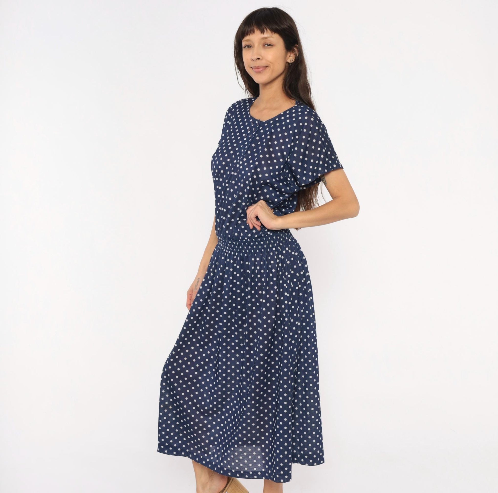 80s Darian Navy White Polka Dot Midi Dress Elastic Waist Short Sleeve Extra Large XL