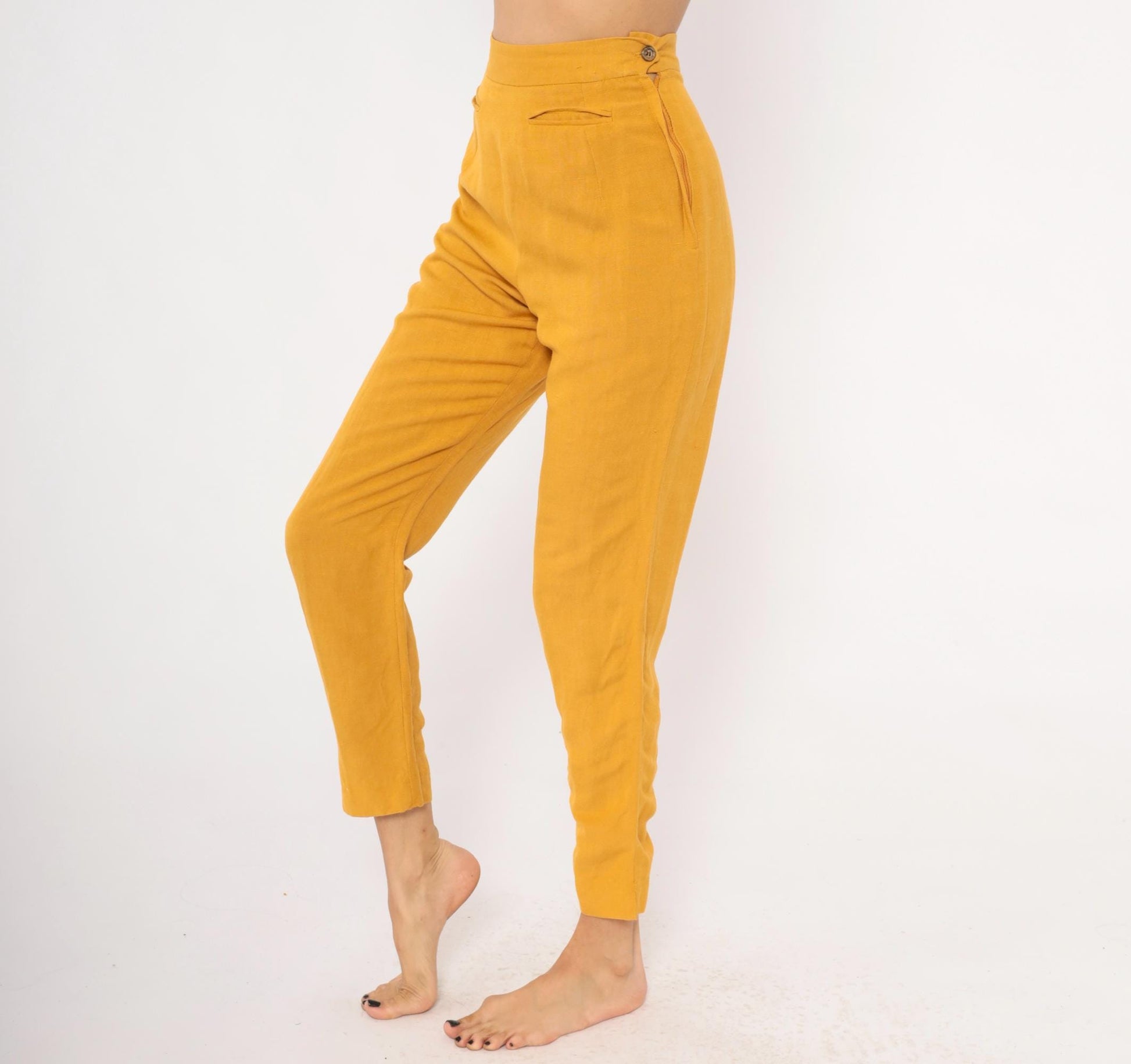 90s Sāke Mustard Linen High-Waist Tapered Trousers Extra Small XS
