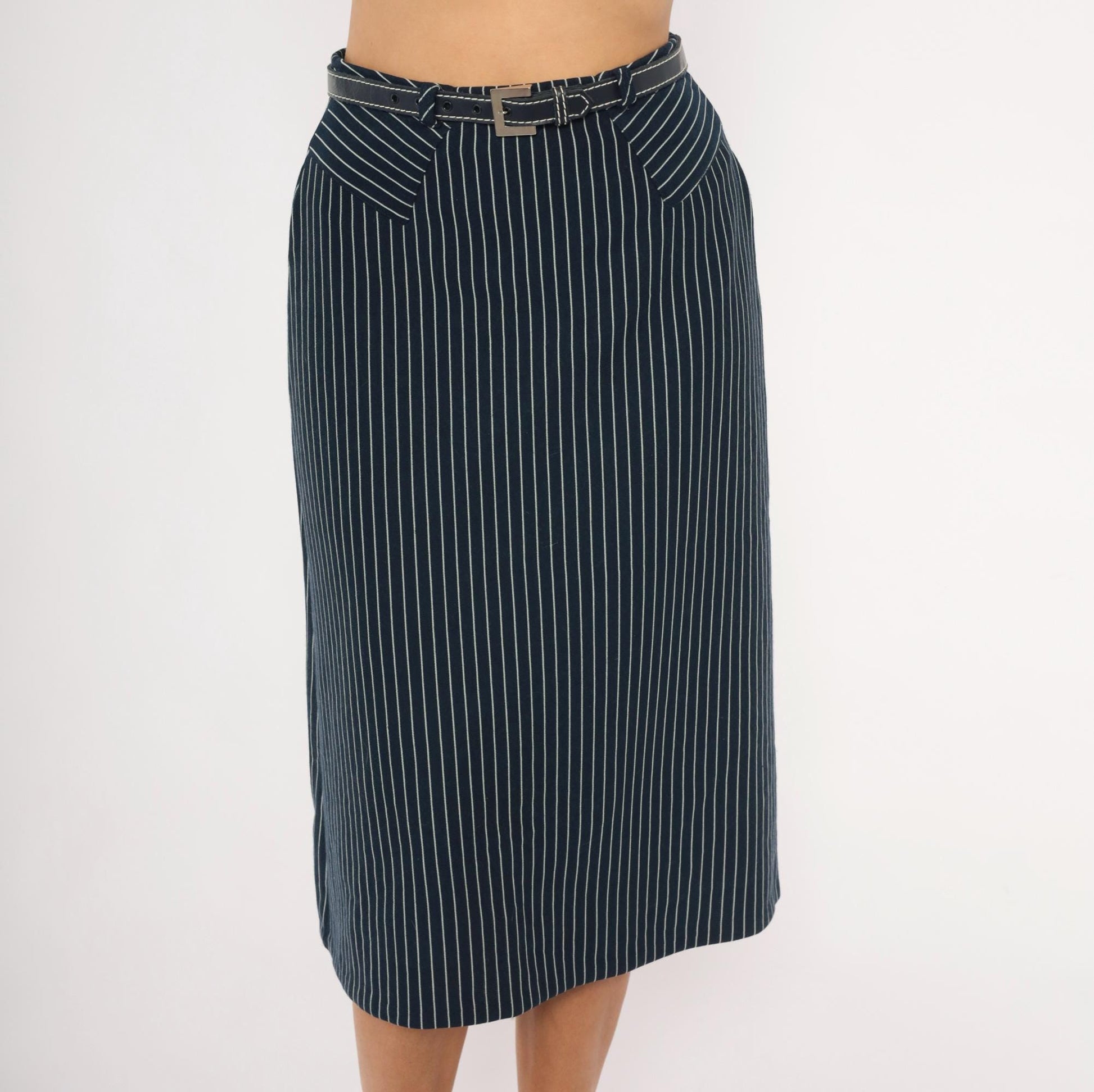 70s Jantzen Navy Pinstripe Midi Skirt Belted White Stripe Small S