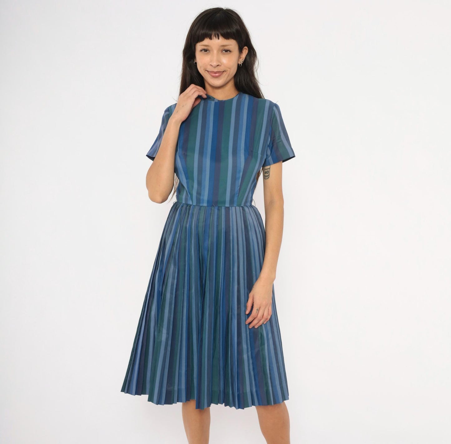 60s Stacy Ames Striped Pleated Midi Dress Navy Teal Crew Neck Small