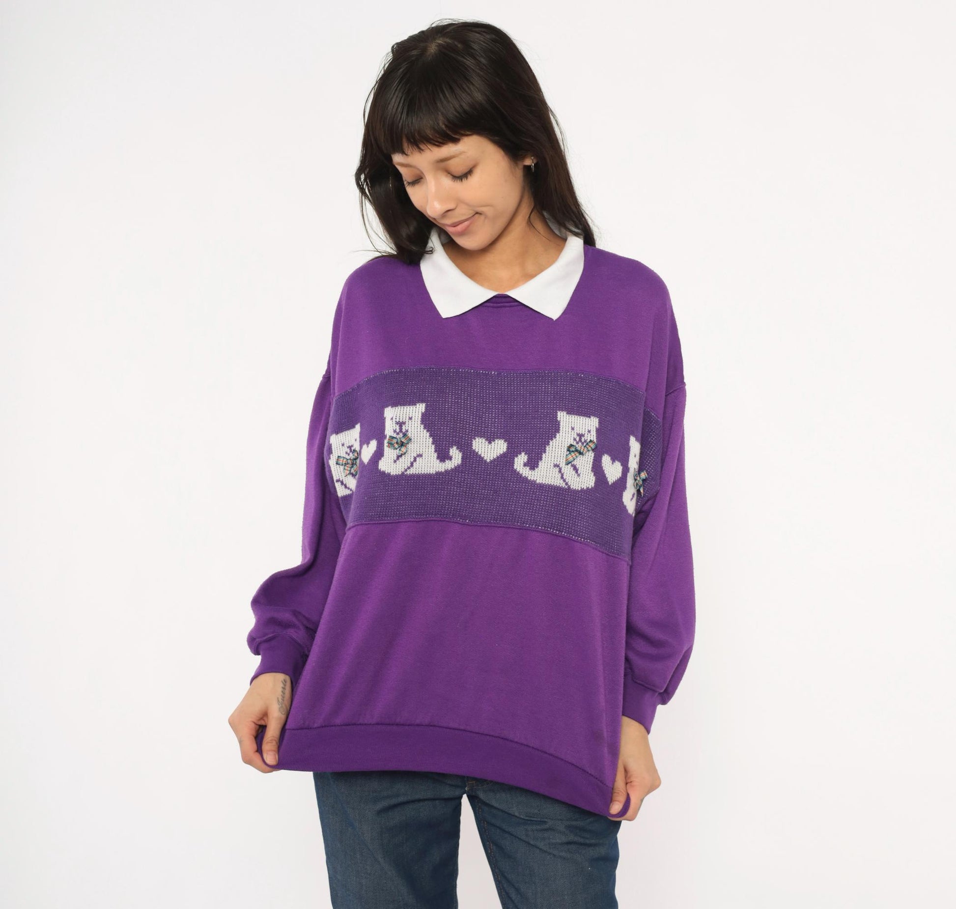 90s Purple Cat Collared Sweatshirt White Collar Plaid Bow Heart Panel Plus Size 1X