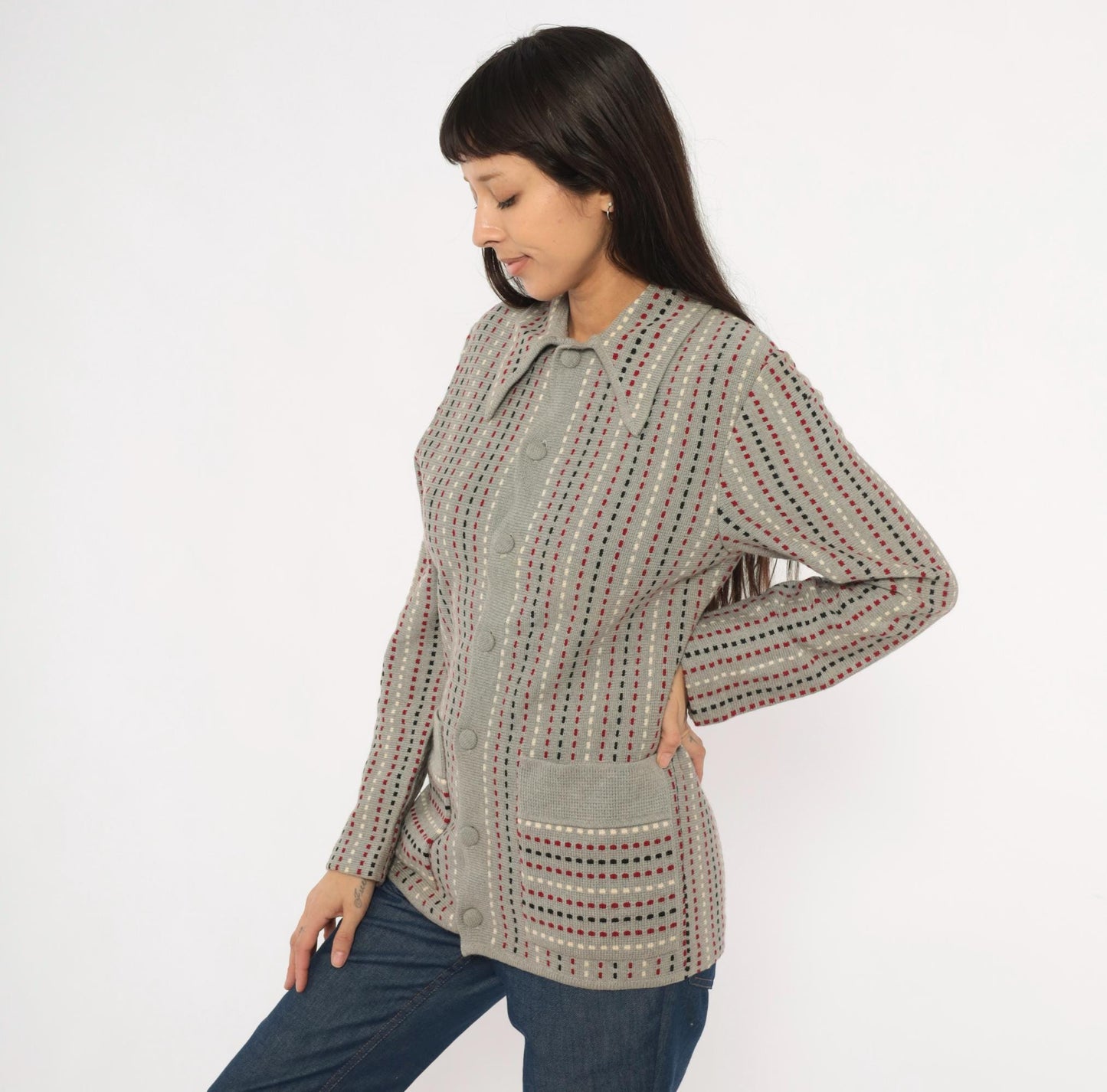 70s Damon Wool Cardigan Grey Dotted Stripe Burgundy Black Cream Medium M