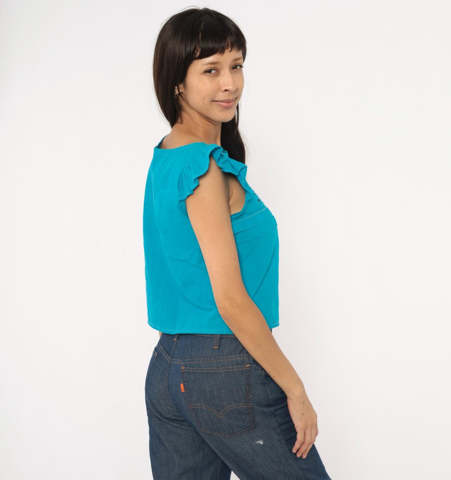 90s Teal Cutwork Cotton Blouse Flutter Cap Sleeve Crop Extra Small XS