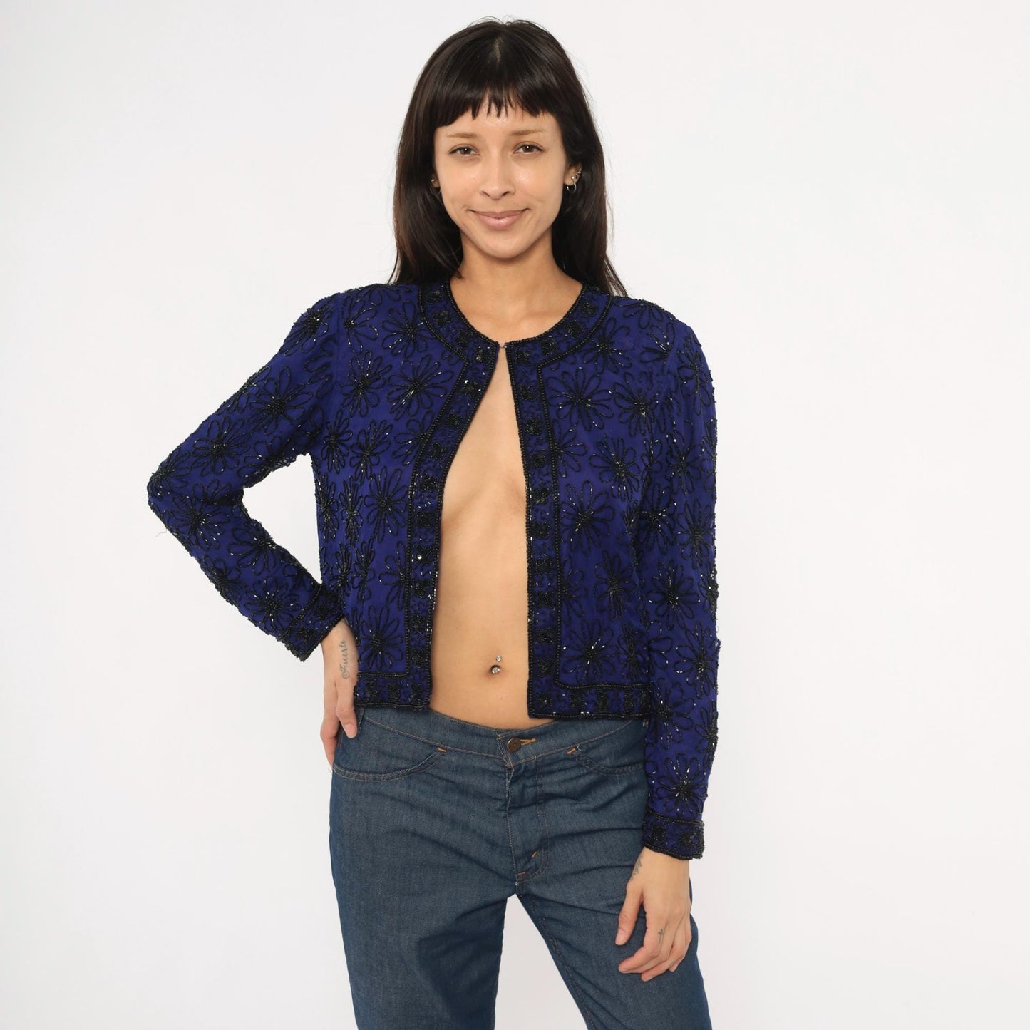 90s Stenay Silk Cropped Jacket Navy Beaded Floral Sequin Small