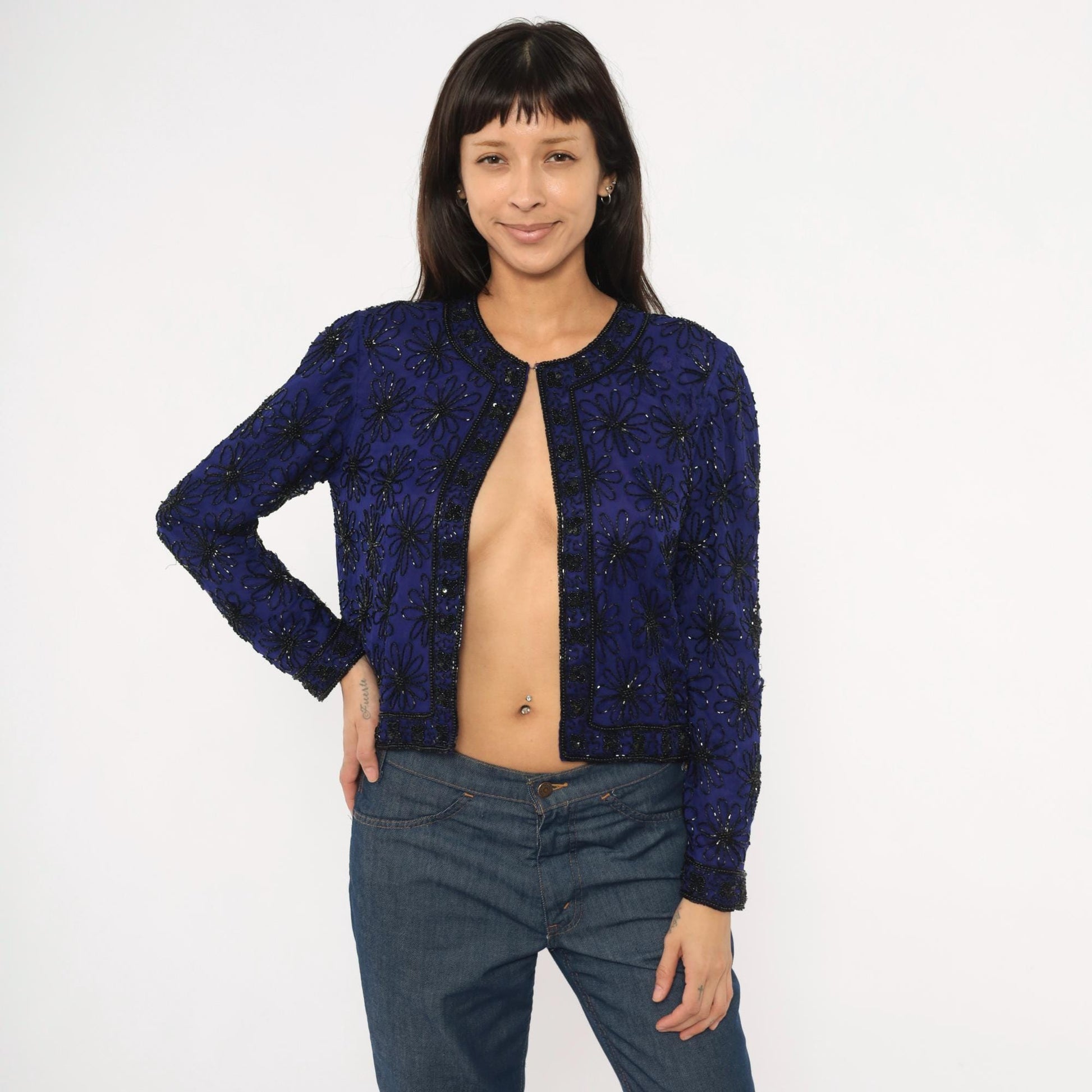 90s Stenay Silk Cropped Jacket Navy Beaded Floral Sequin Small