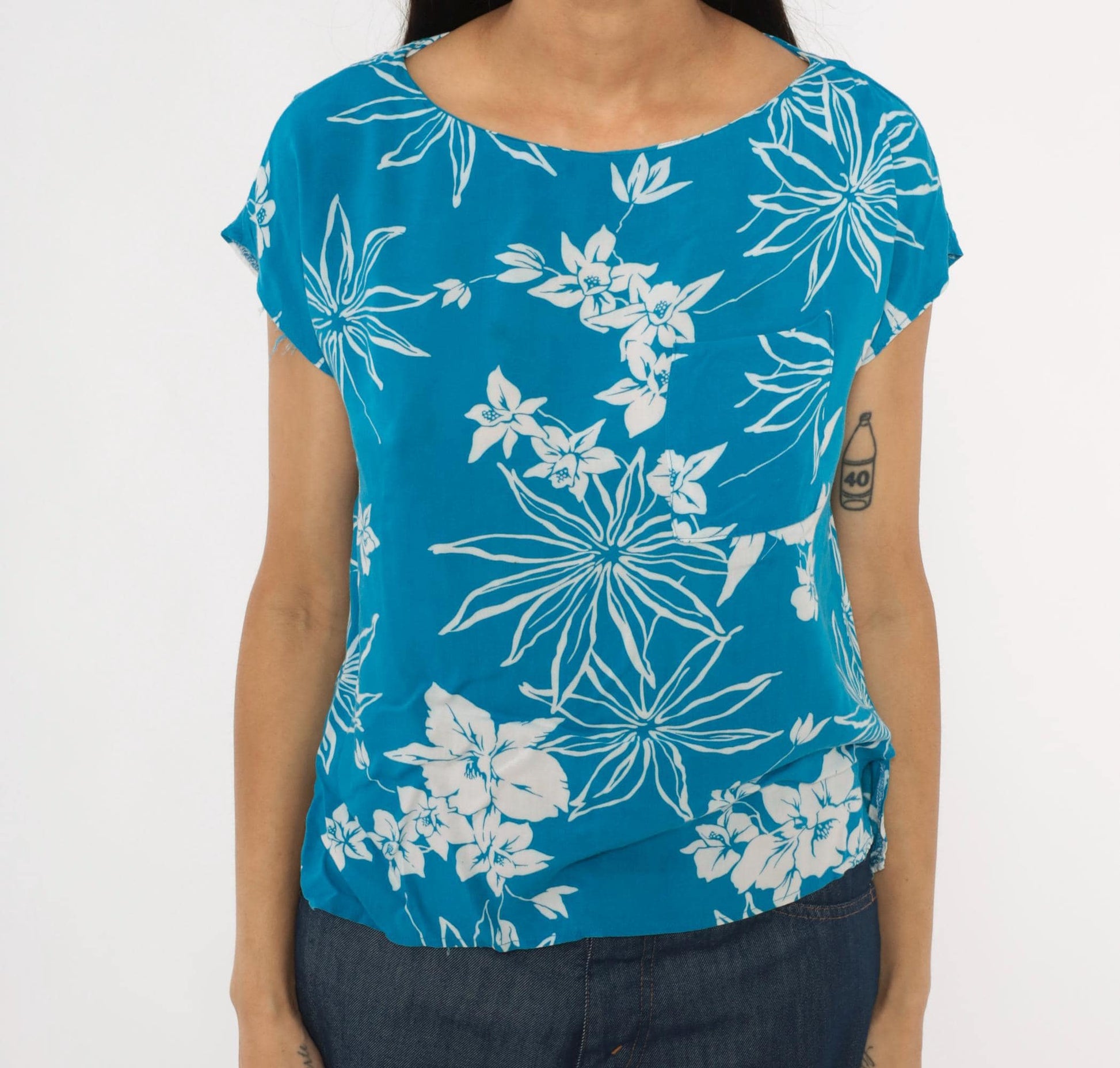 80s Charlie Tropical Floral Blouse Cobalt Blue Cap Sleeve Rayon Medium