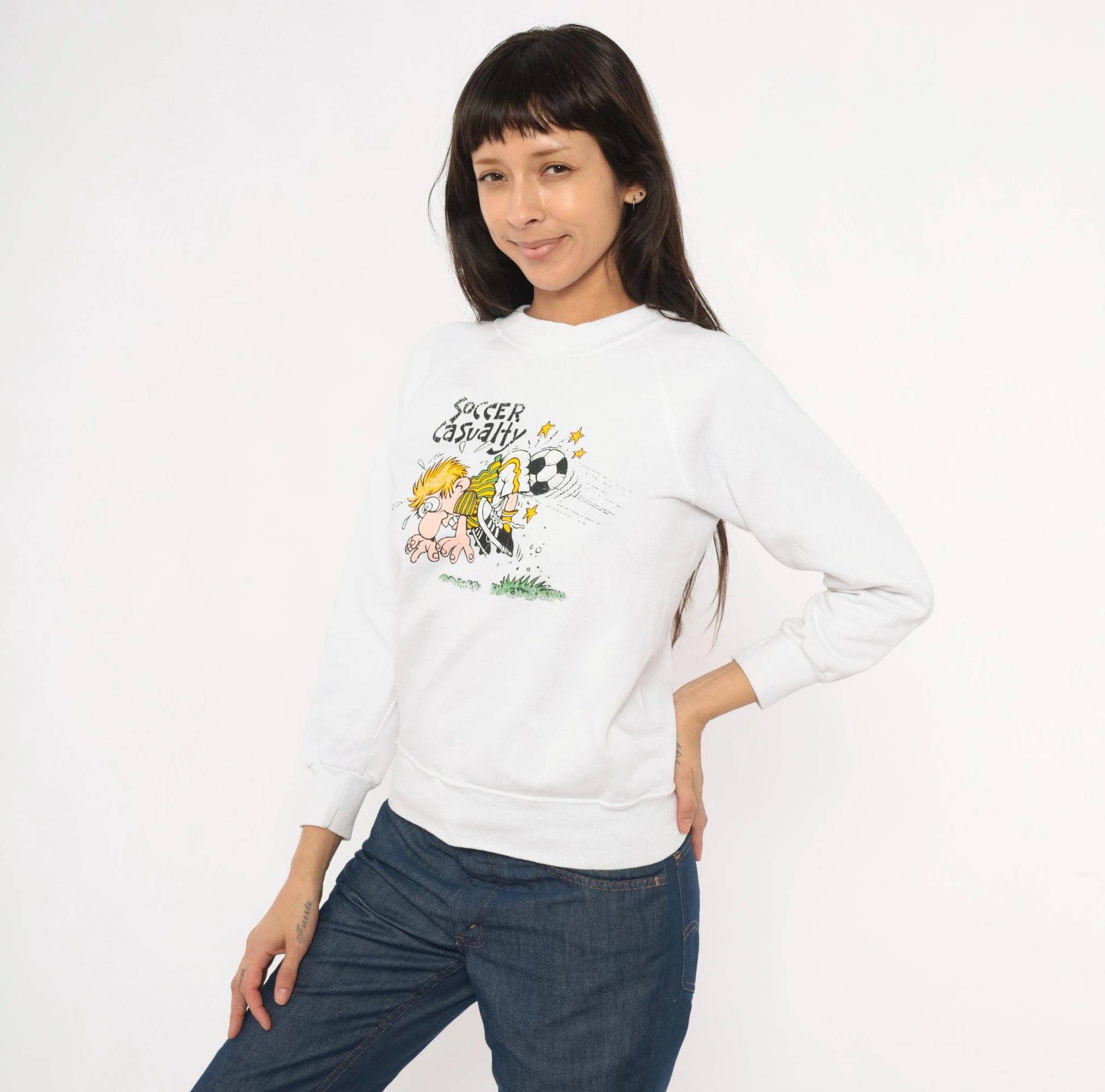 90s Soccer Casualty Cartoon Graphic Raglan Sweatshirt White Cotton Extra Small XS