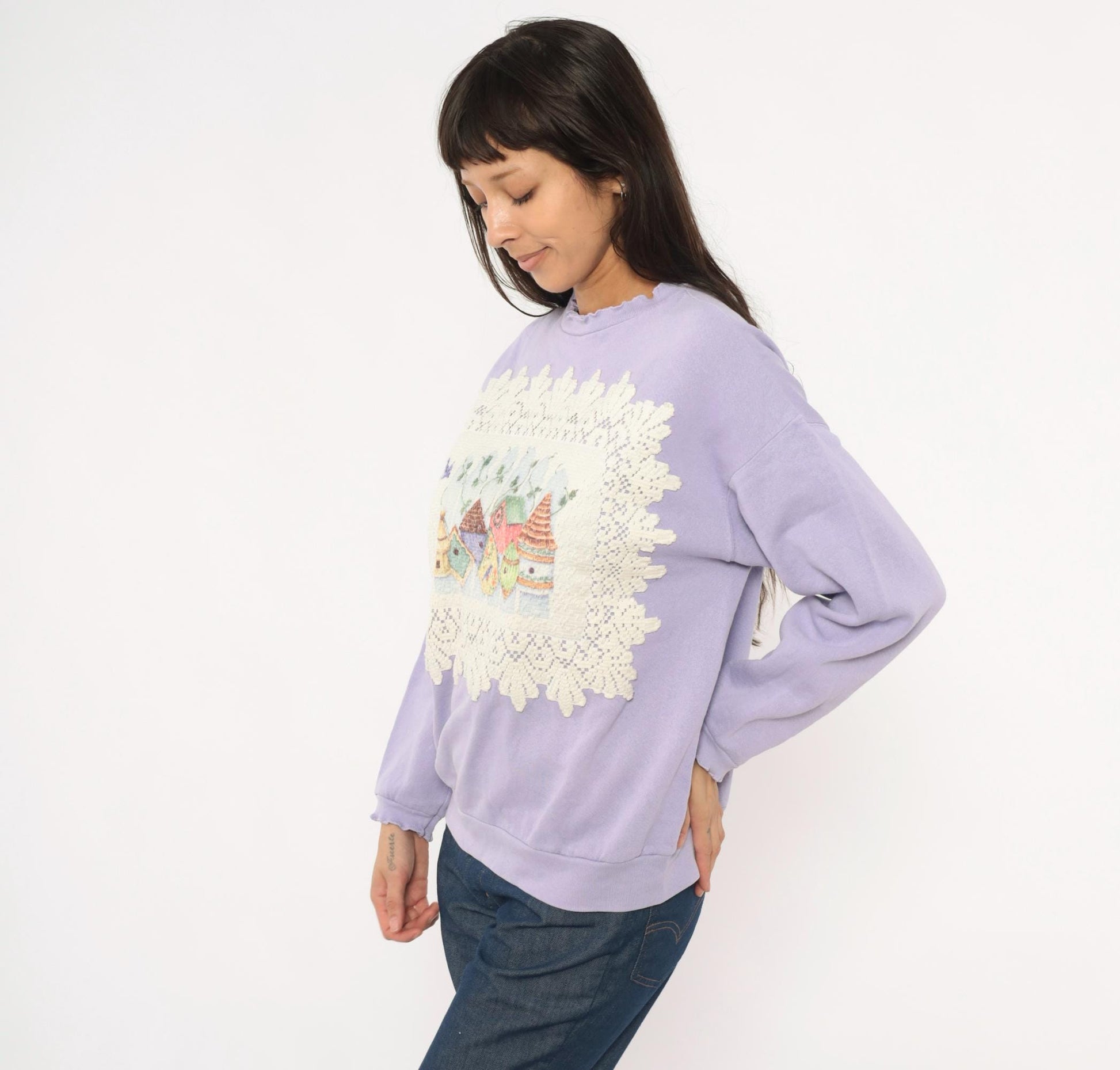 90s Tultex Lavender Birdhouse Applique Sweatshirt Ruffled Crewneck Large L