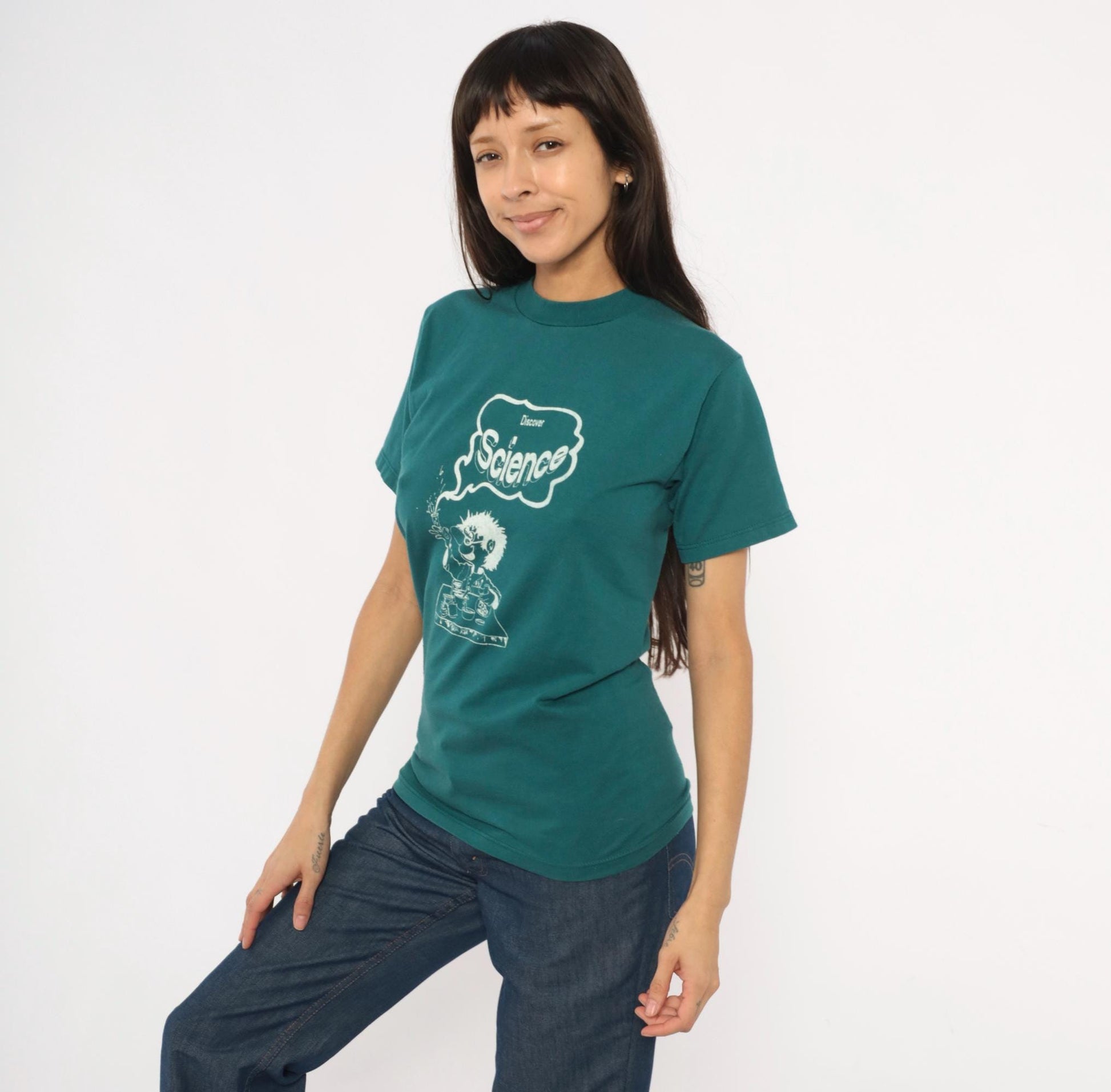 90s Jerzees Mad Scientist Discover Science Graphic Tee Teal Small