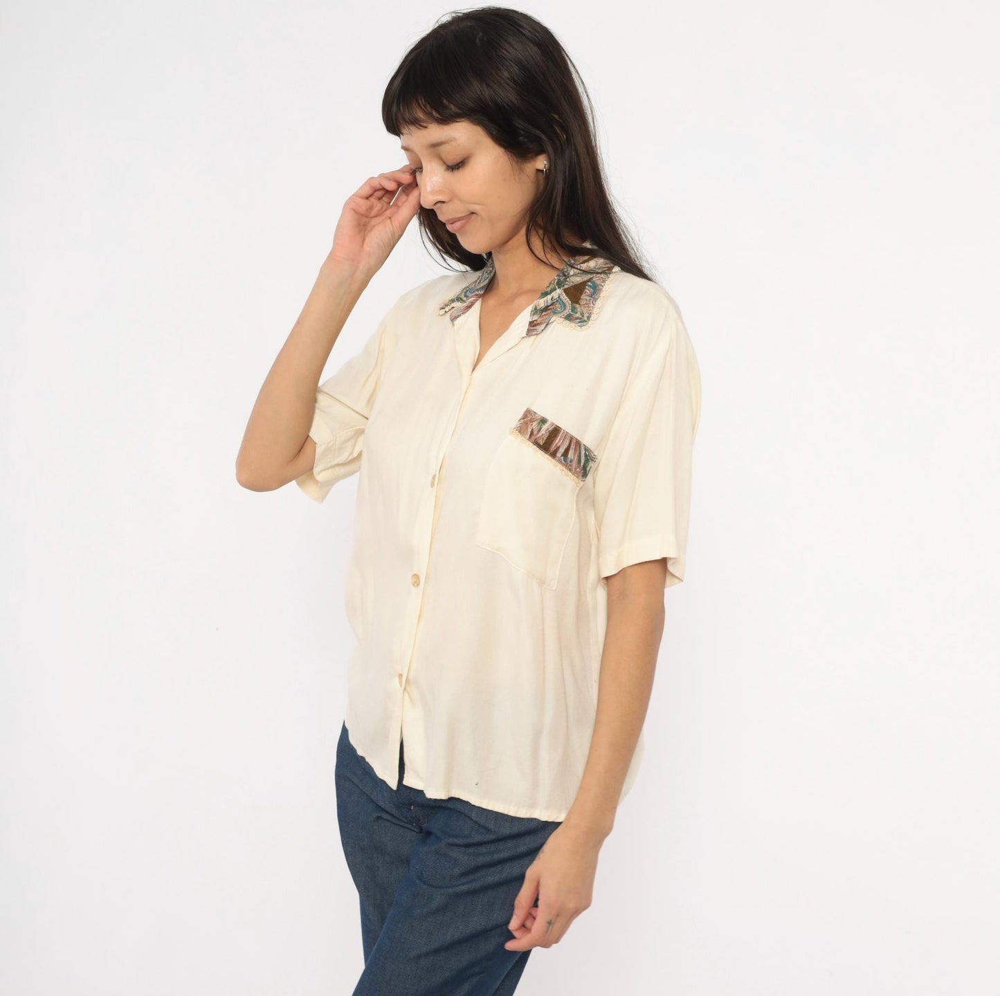 90s Giselle Paisley Collar Blouse Cream Lace Trim Short Sleeve Medium M