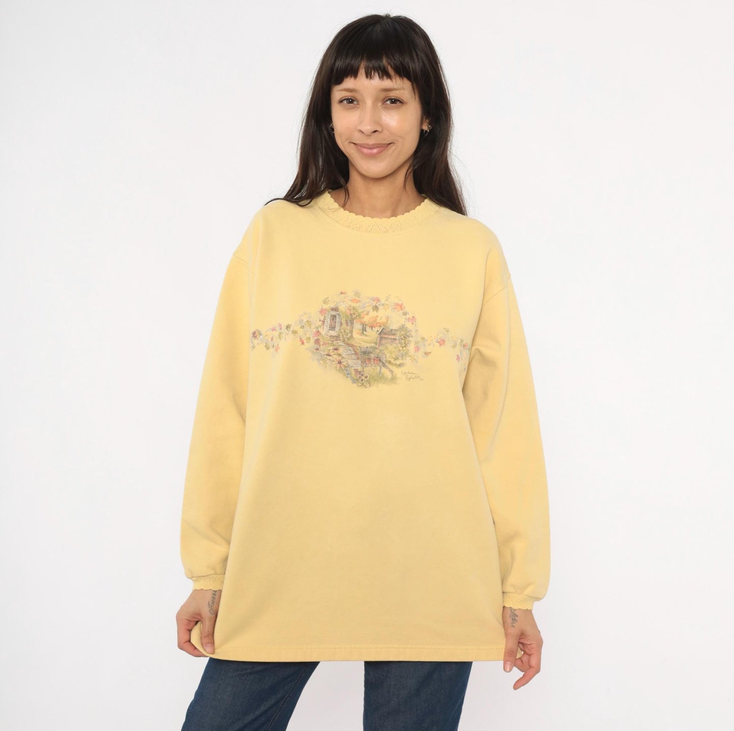 90s Northern Reflections Butter Yellow Garden Scene Sweatshirt Cotton Large L