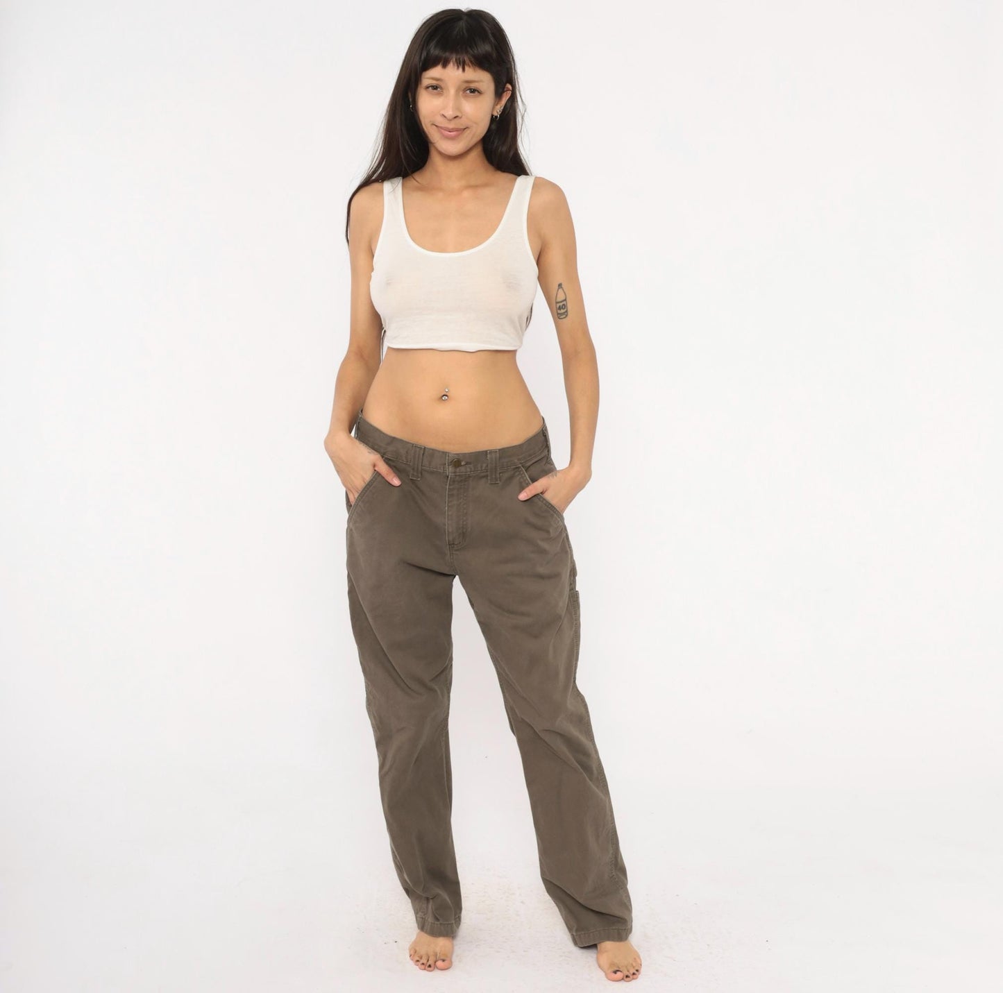90s Carhartt Carpenter Pants Olive Cotton Straight Leg Workwear 34 x 30