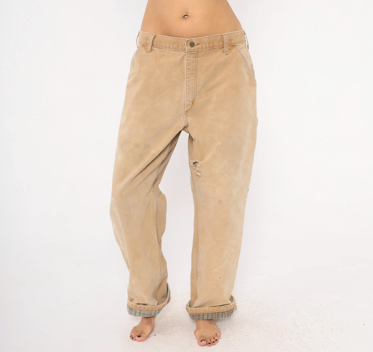 Carhartt Carpenter Pants Flannel Lined Canvas Straight Leg Tan Distressed Extra Large XL