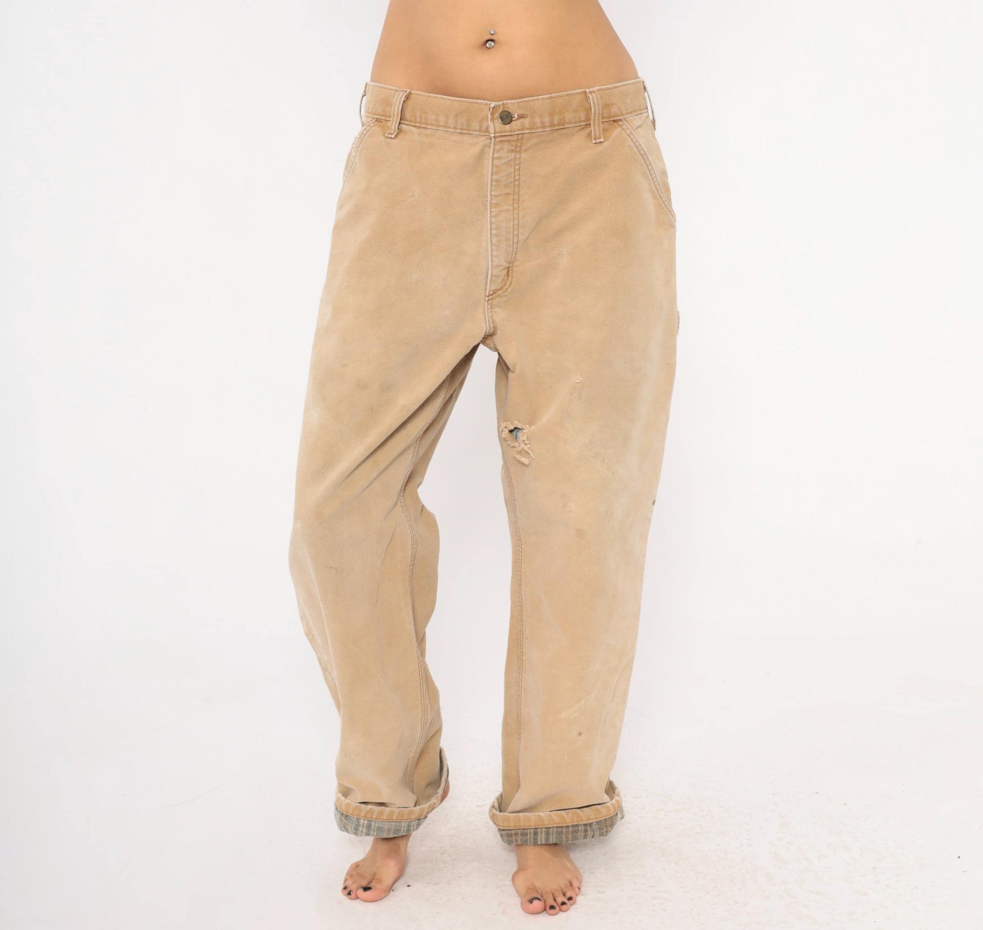 Carhartt Carpenter Pants Flannel Lined Canvas Straight Leg Tan Distressed Extra Large XL