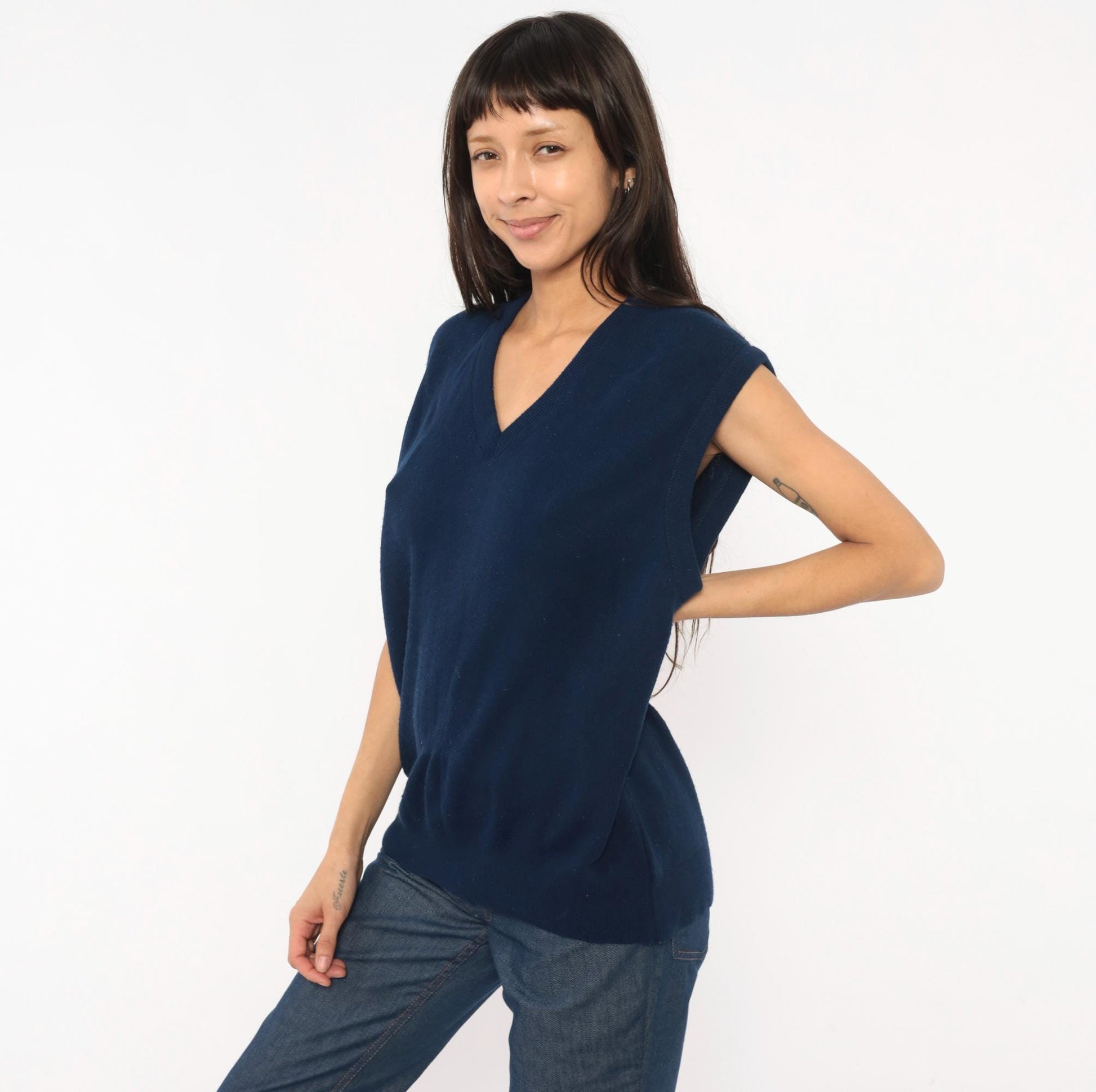 80s Janzen Navy Sweater Vest V-Neck Knit Sleeveless Pullover Extra Large XL