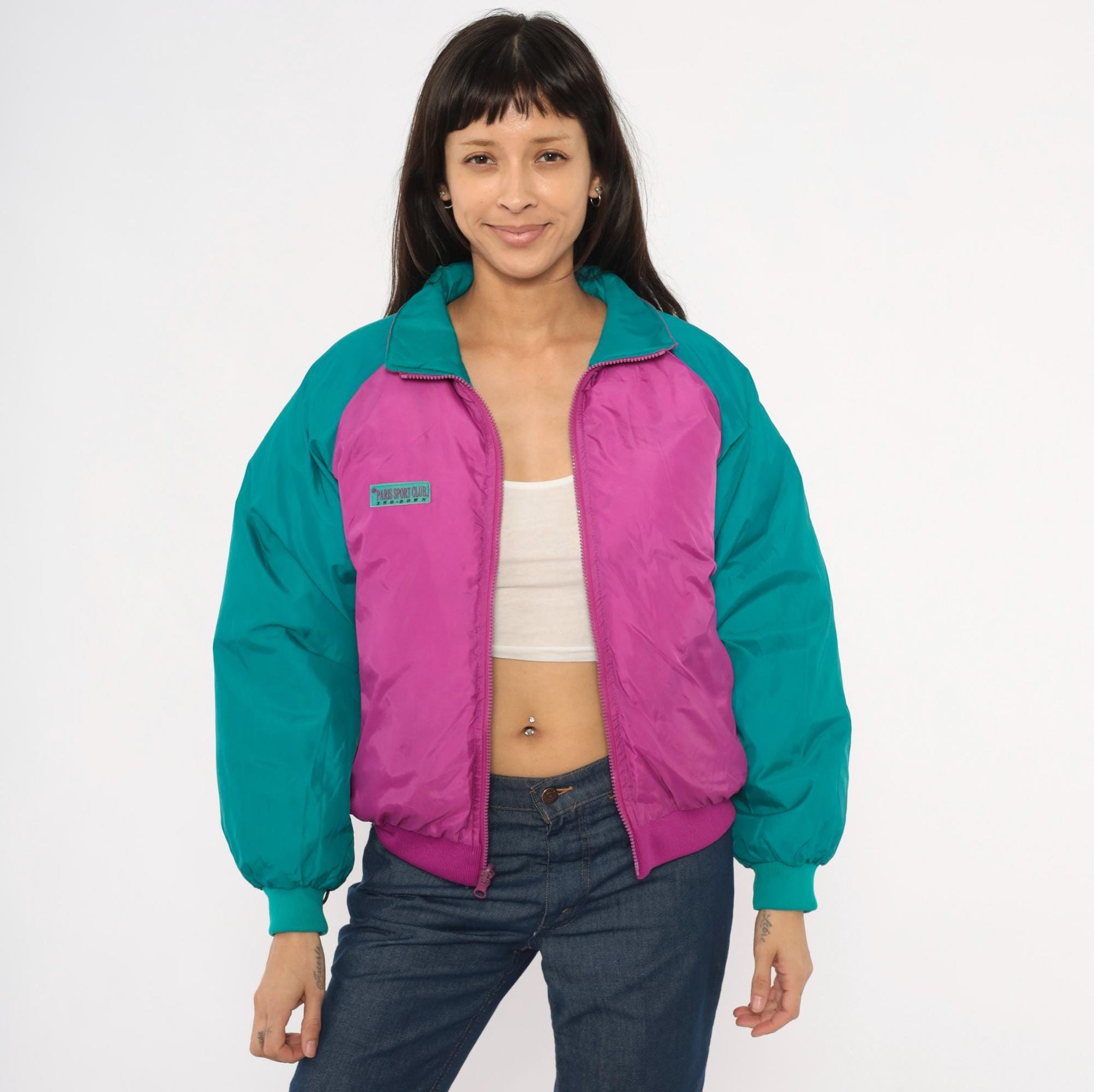 90s Paris Sport Club Reversible Down Puffer Jacket Teal Magenta Medium M