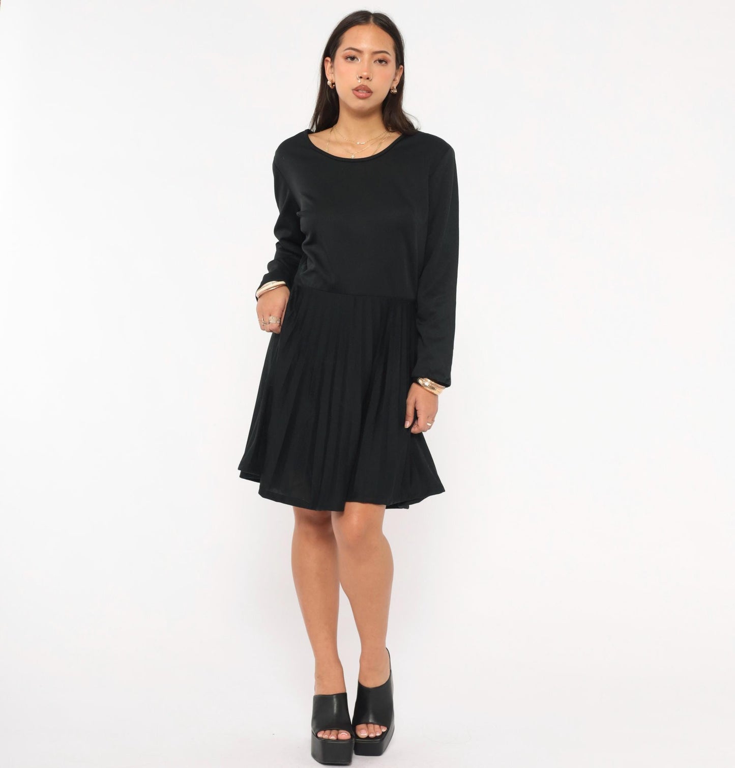 70s Black Pleated A-Line Dress Long Sleeve Drop Waist Scoop Neck Large L