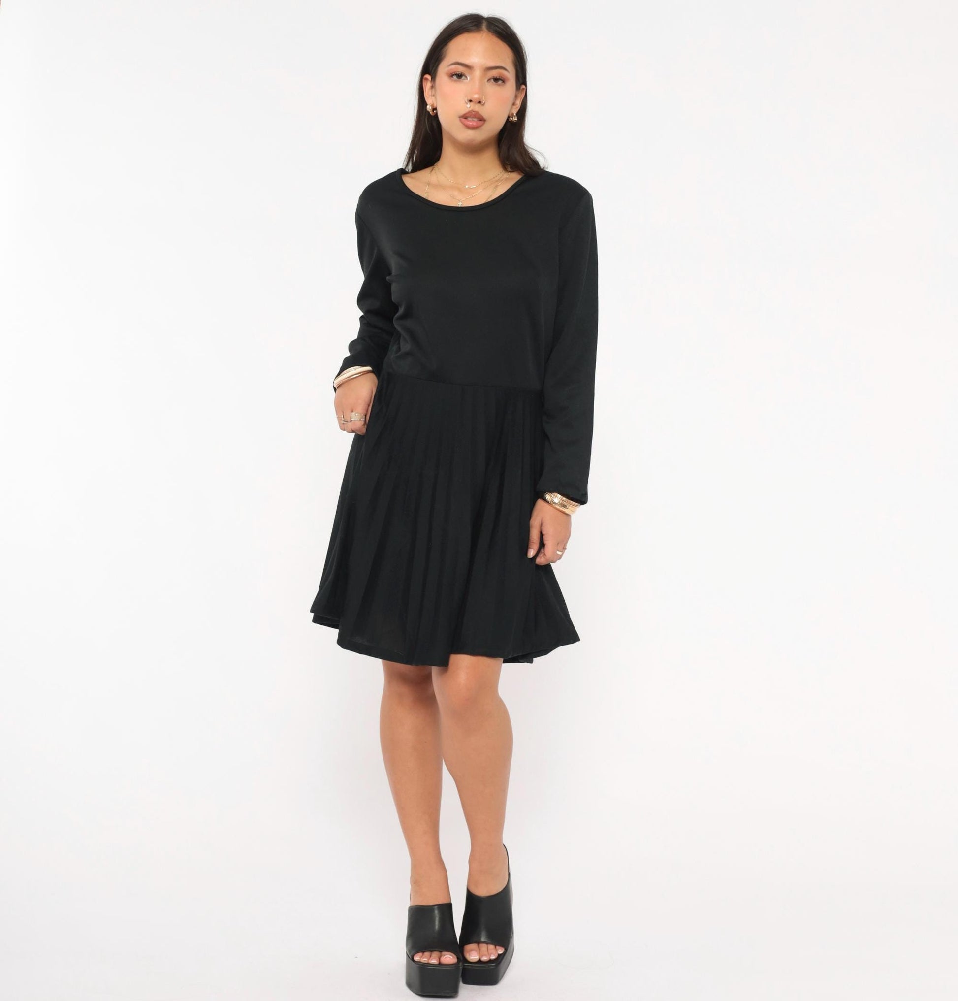 70s Black Pleated A-Line Dress Long Sleeve Drop Waist Scoop Neck Large L