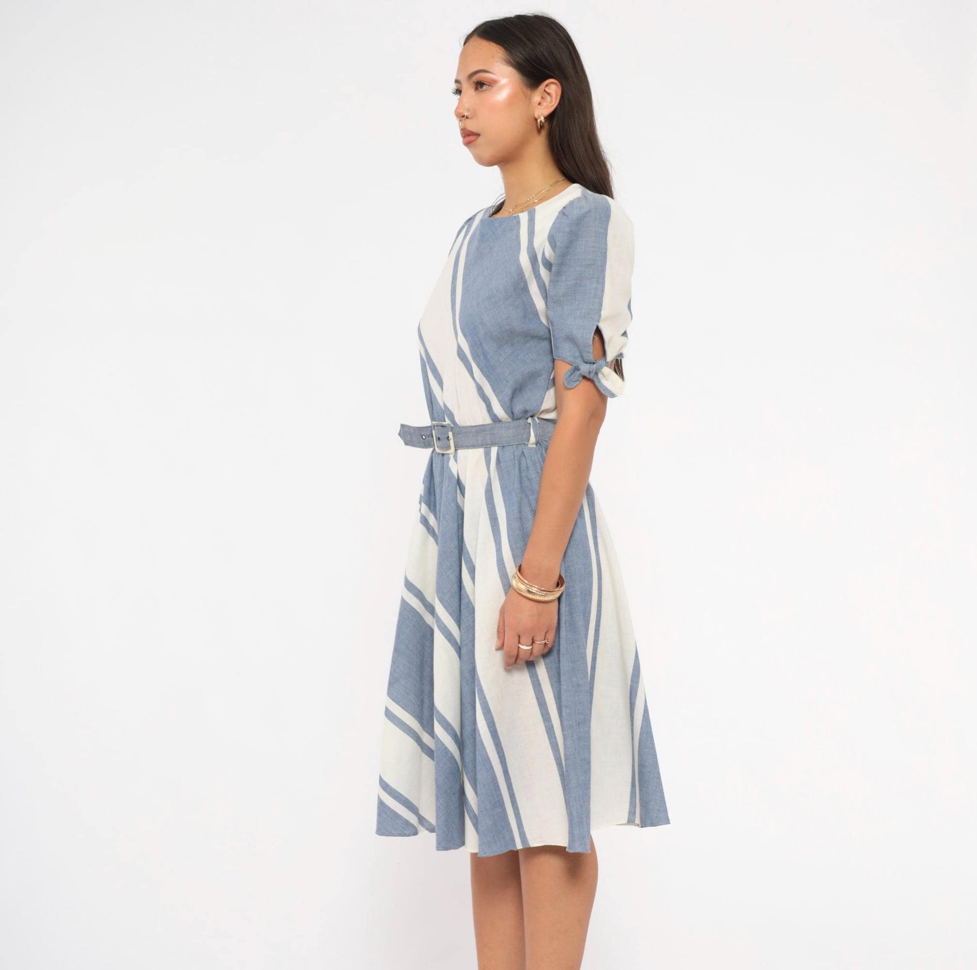 80s SL Petites Diagonal Stripe Dress Blue White Cotton Puff Sleeve Medium