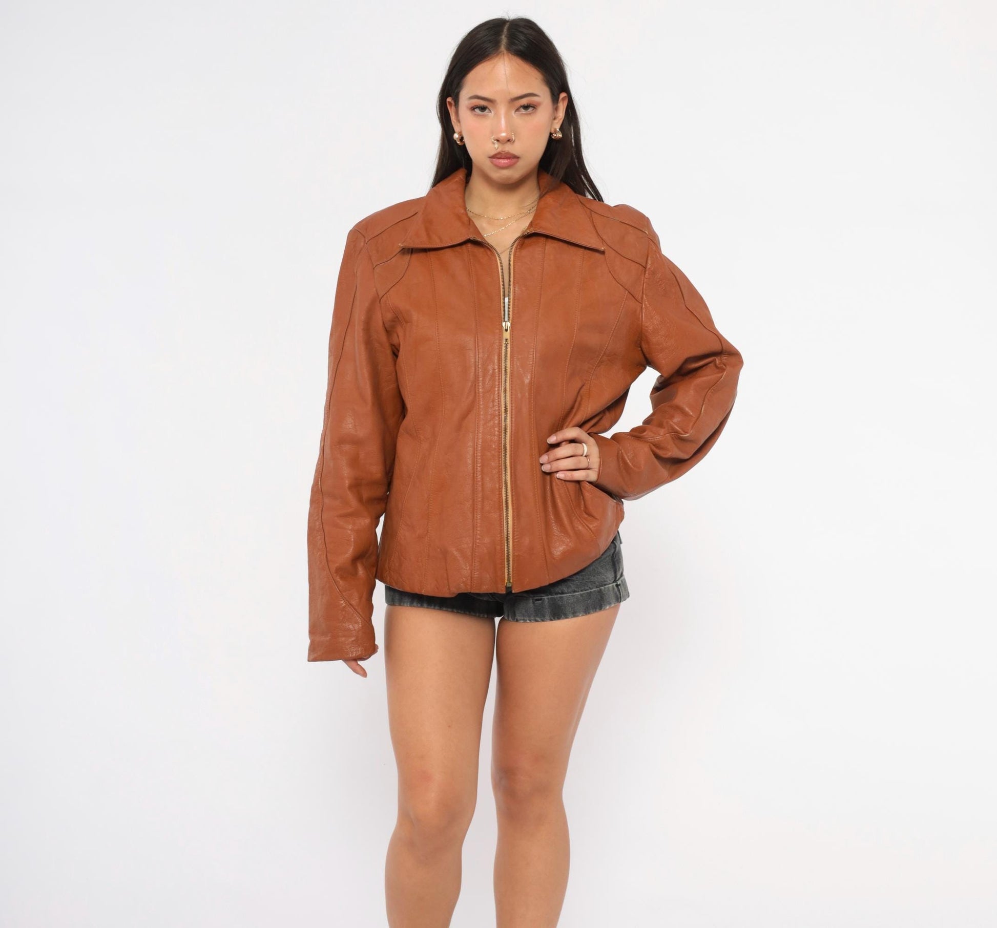 70s Ricaro Cognac Leather Jacket Western Scalloped Yoke Zip Bomber Extra Large XL