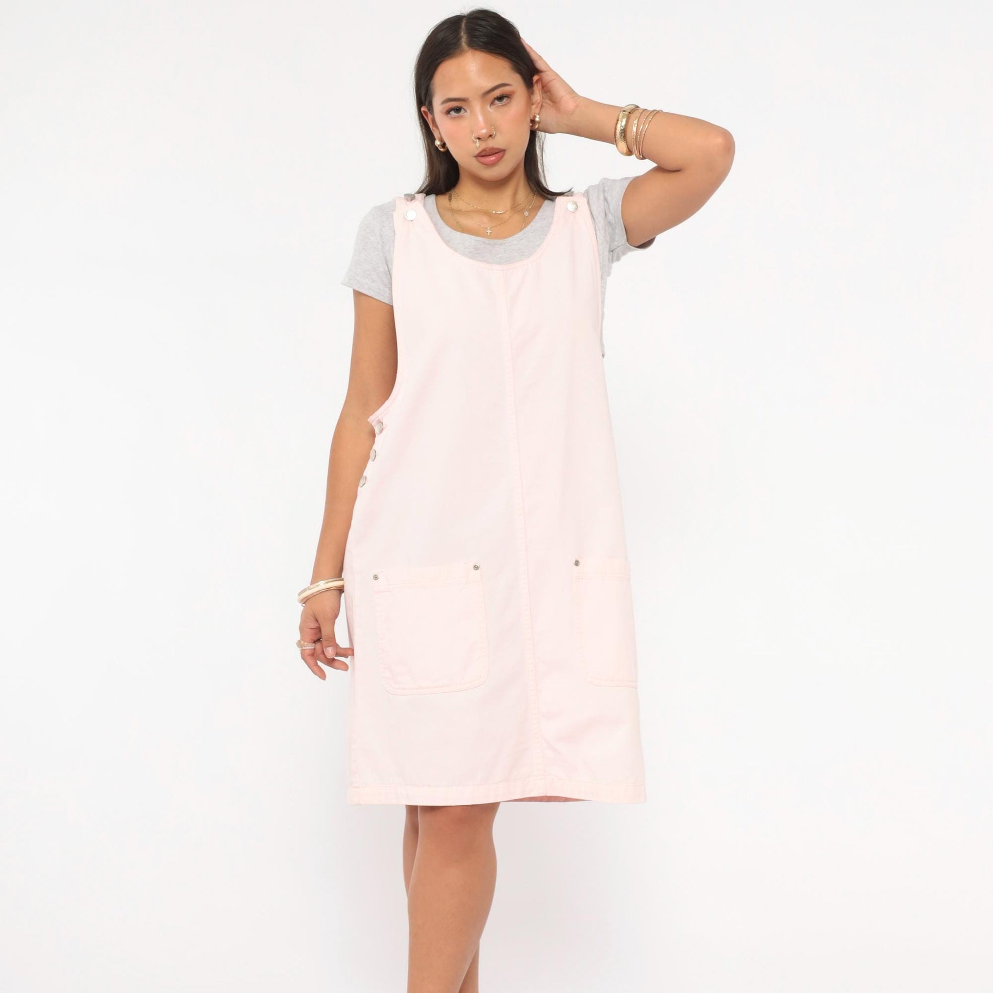 90s Denim and Co Blush Pink Cotton Pinafore Dress Knee Length Medium M