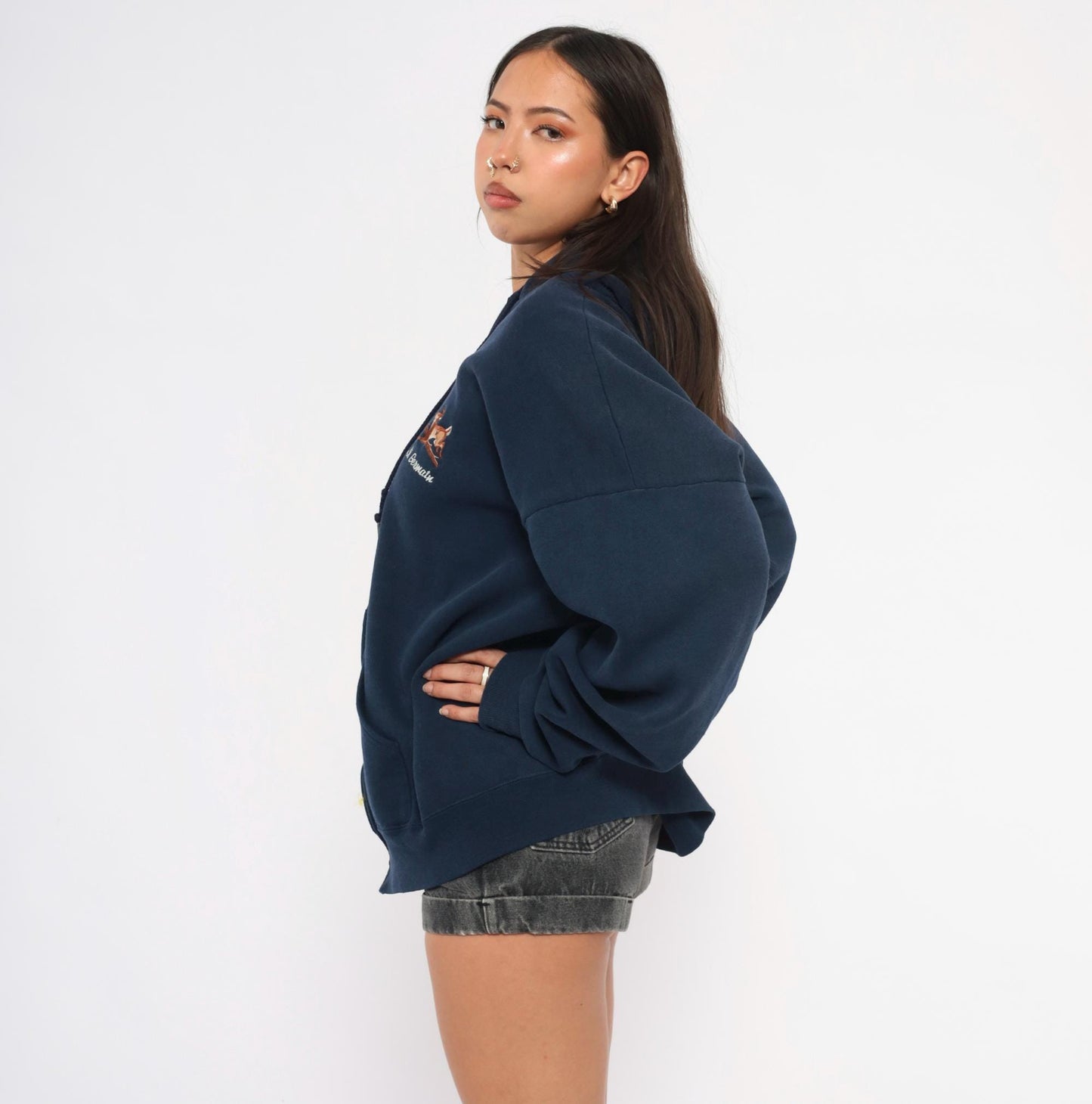 90s St Germain Deer Embroidered Navy Zip Hoodie Full Zip Sweatshirt Extra Large