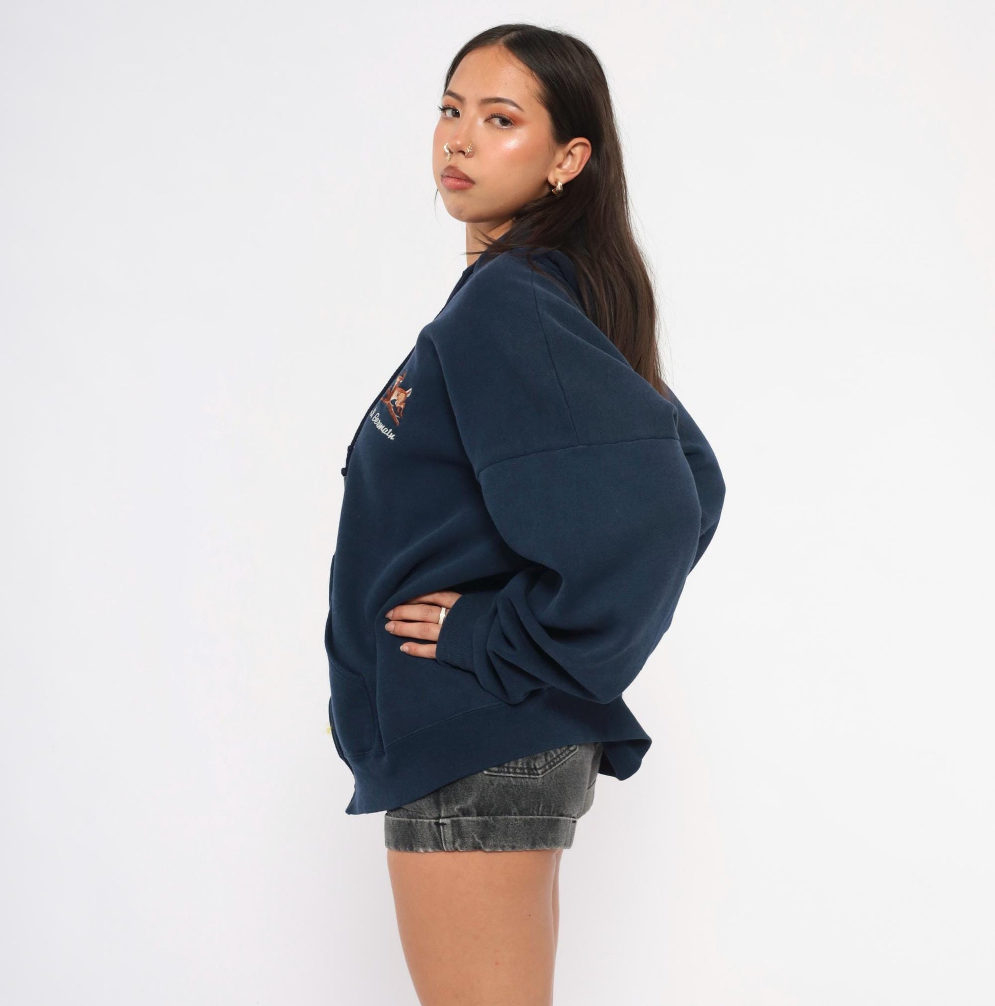 90s St Germain Deer Embroidered Navy Zip Hoodie Full Zip Sweatshirt Extra Large