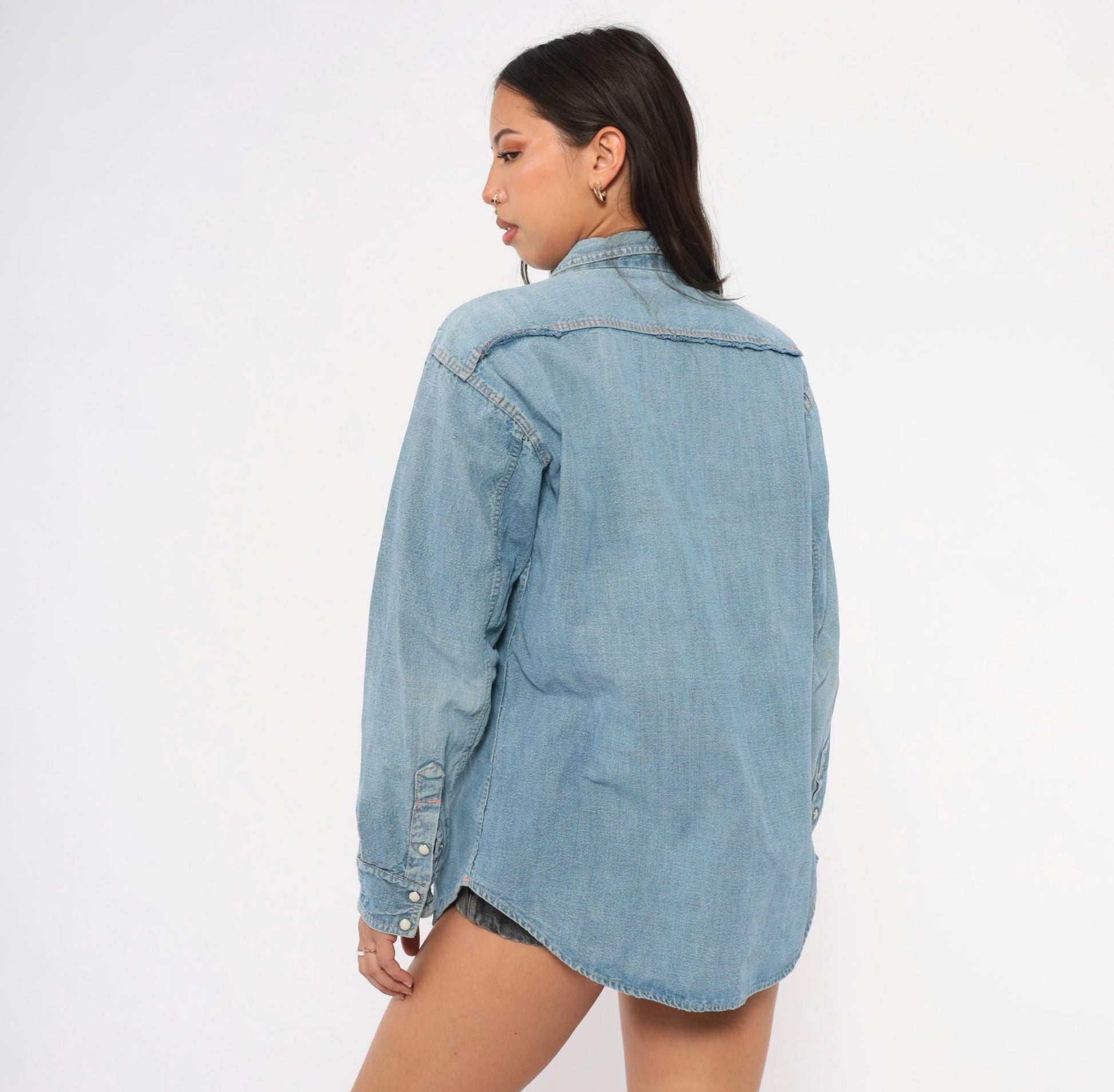 70s Light Wash Denim Western Shirt Floral Embroidered Pearl Snap Medium