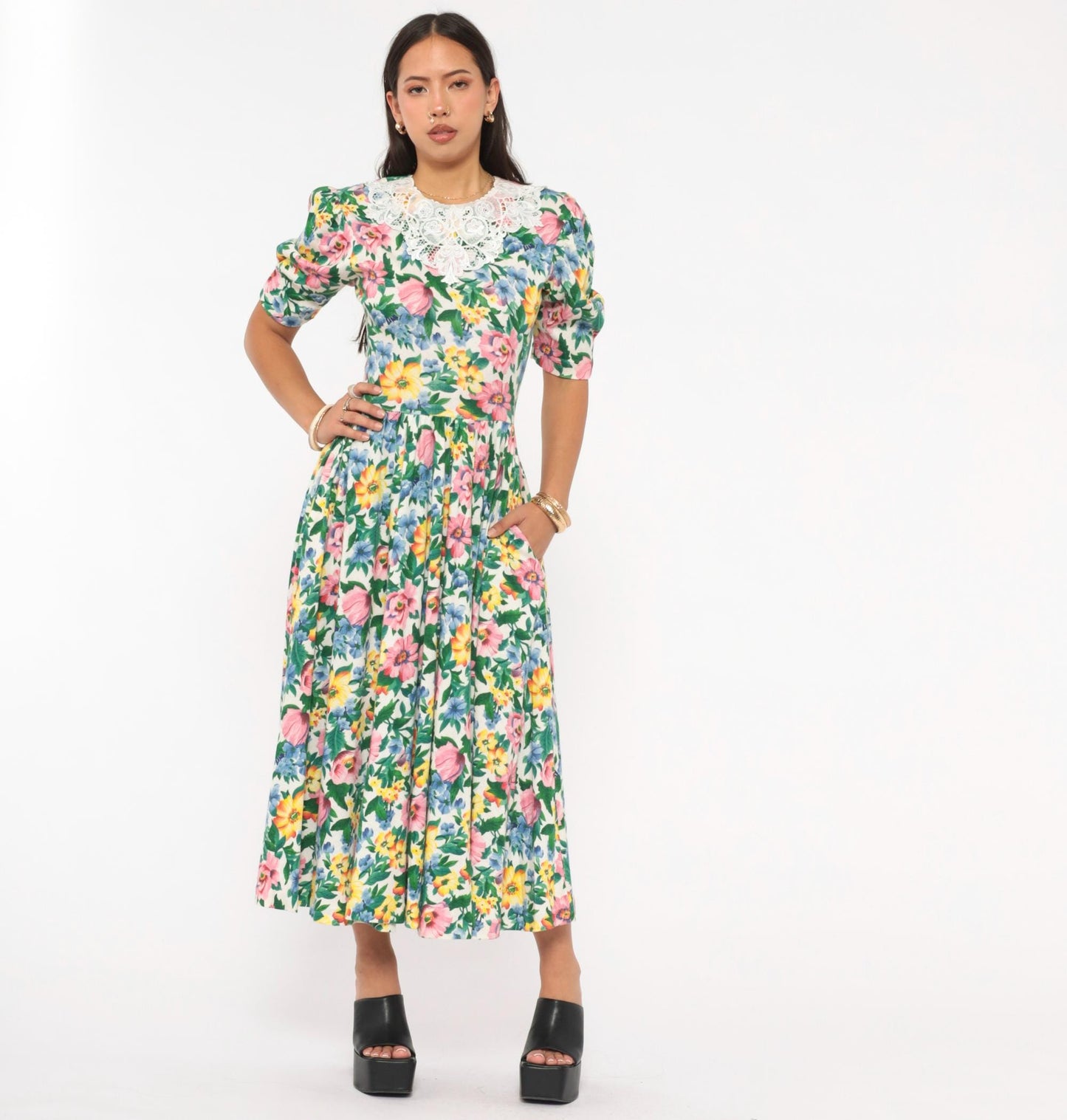 90s Expo Floral Midi Dress Puff Sleeve Lace Collar Cream Multicolor Small