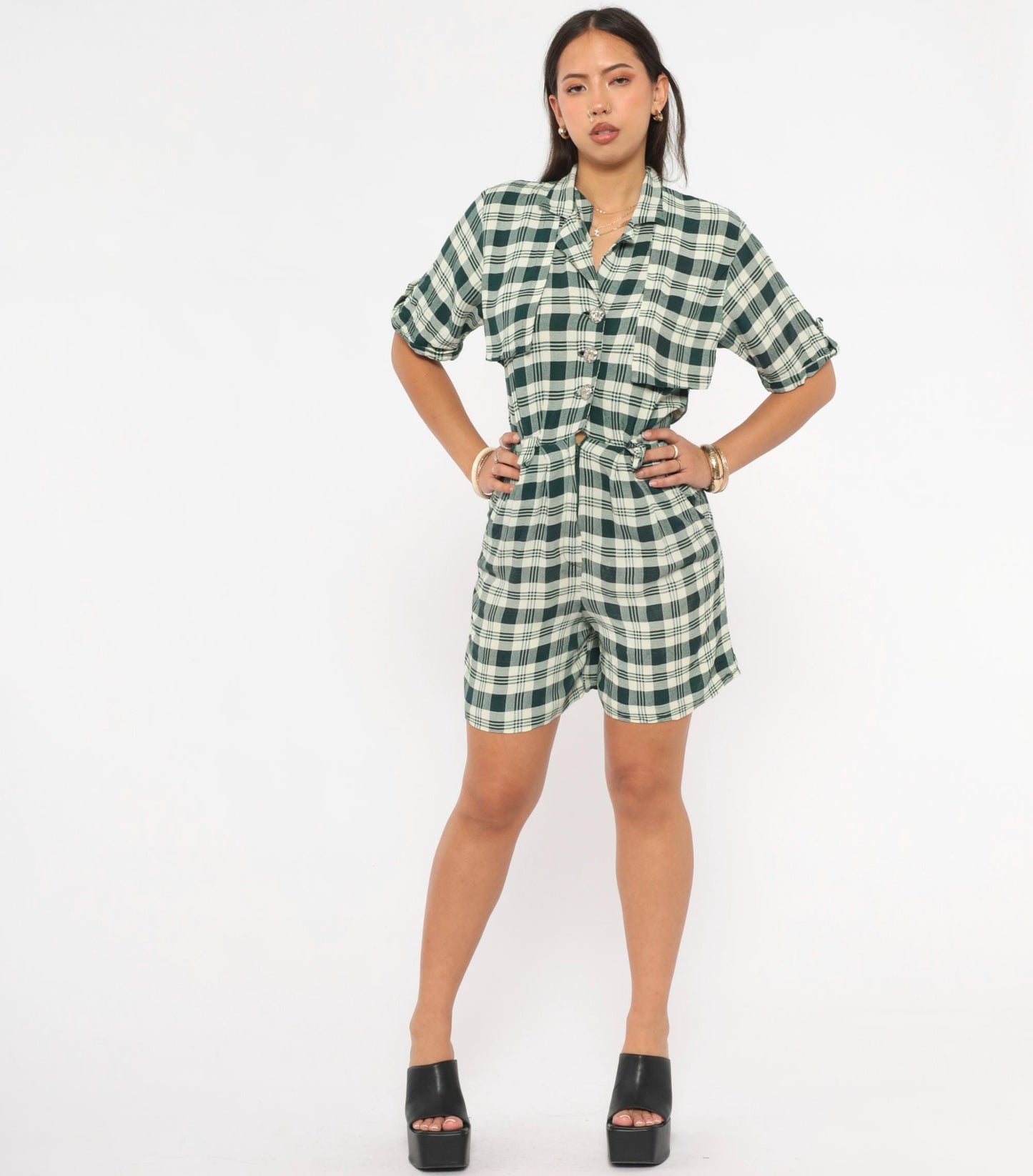 90s Scarlett Green Plaid Romper Button Front Rolled Cuff Small S