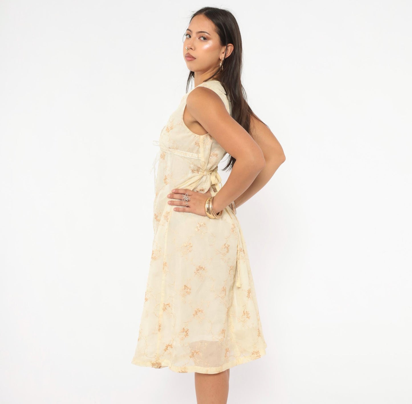 Y2K Nice Mommy Cream Organza Floral Embroidered Dress Gold Vine Knee Length Large L