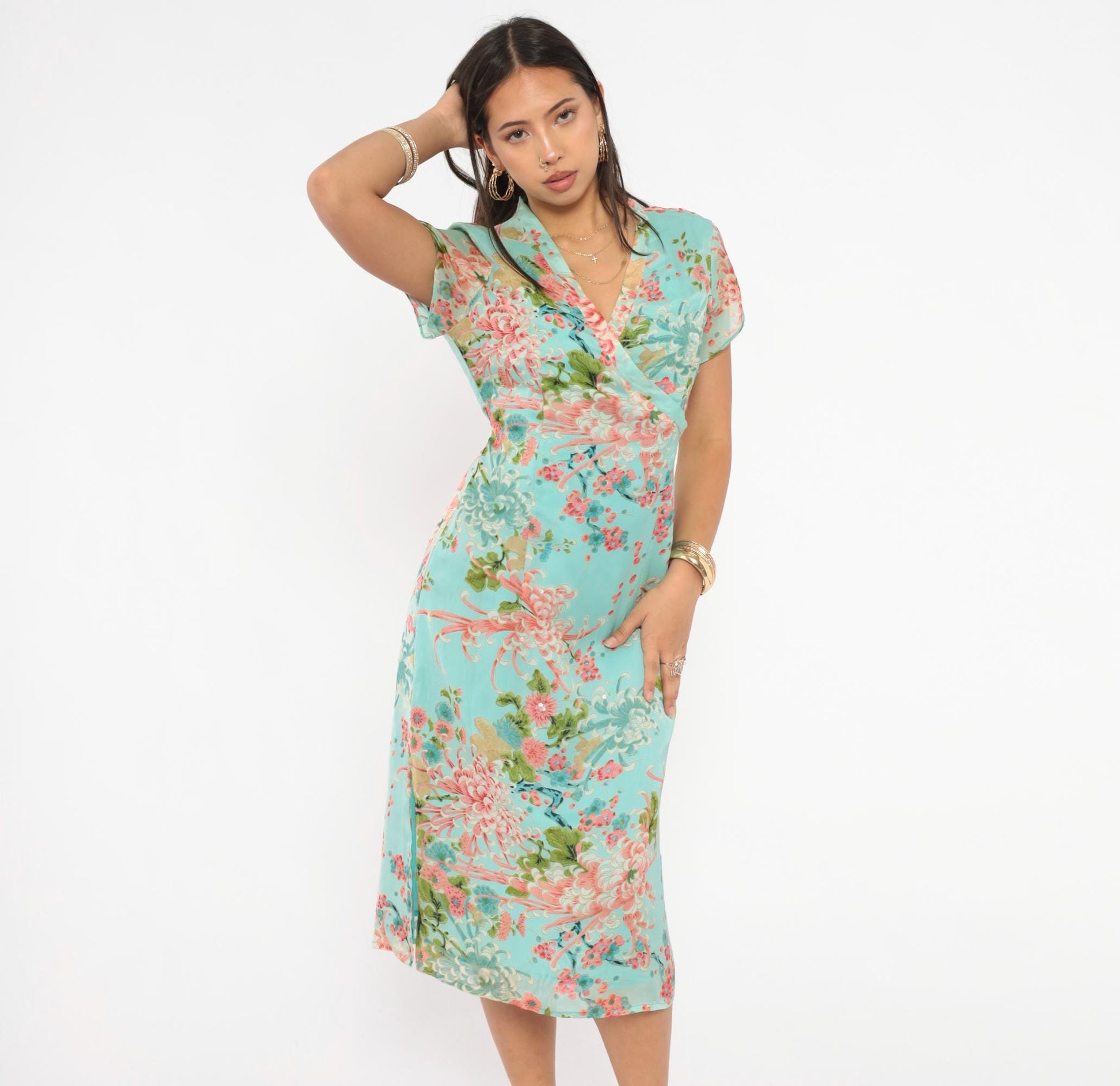 2000s Charlotte Russe Chrysanthemum Floral Midi Dress V-Neck Cap Sleeve Teal Medium M