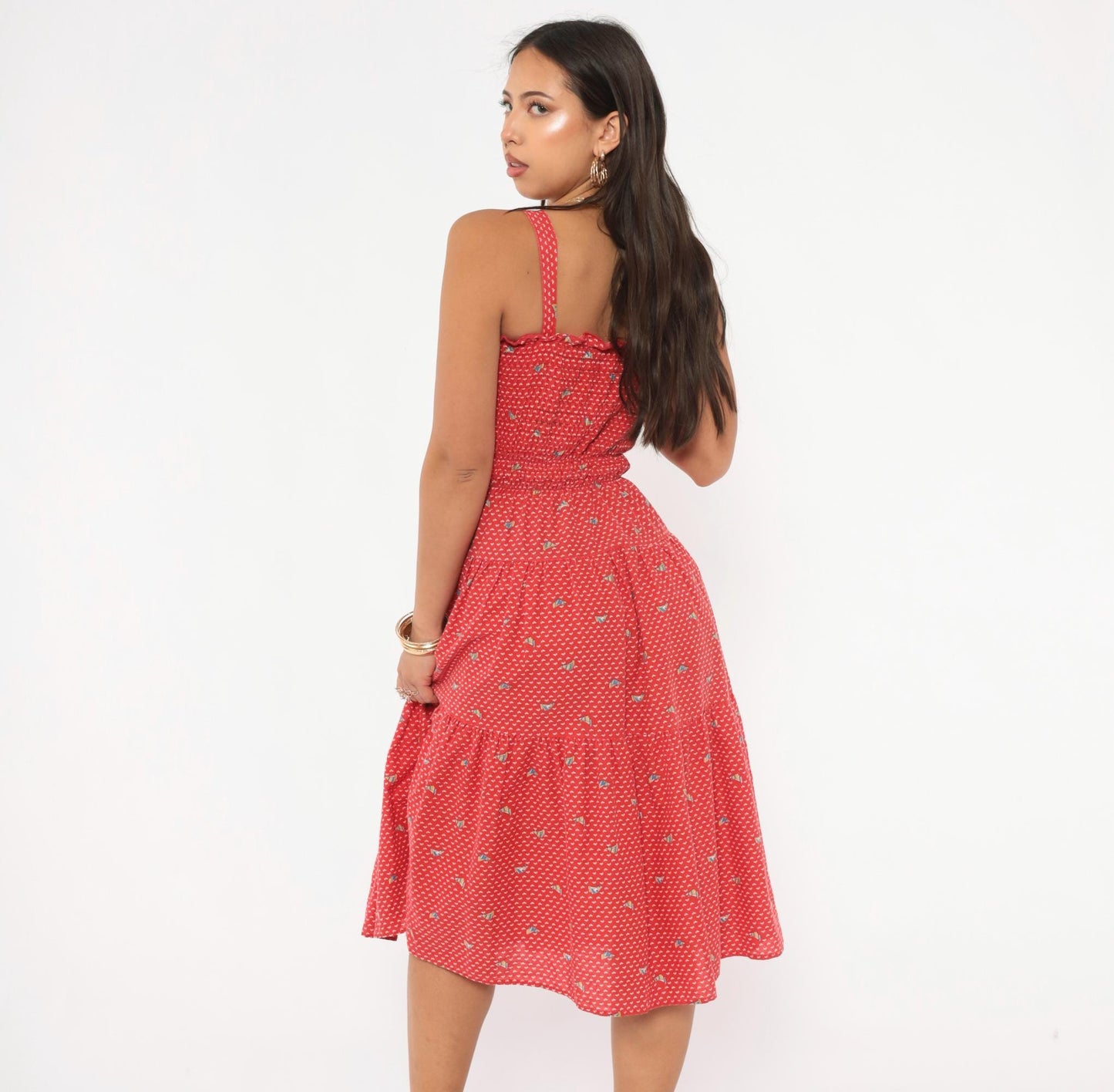 70s Red Sailboat Print Sundress Smocked Bodice Cotton Knee Length Medium M