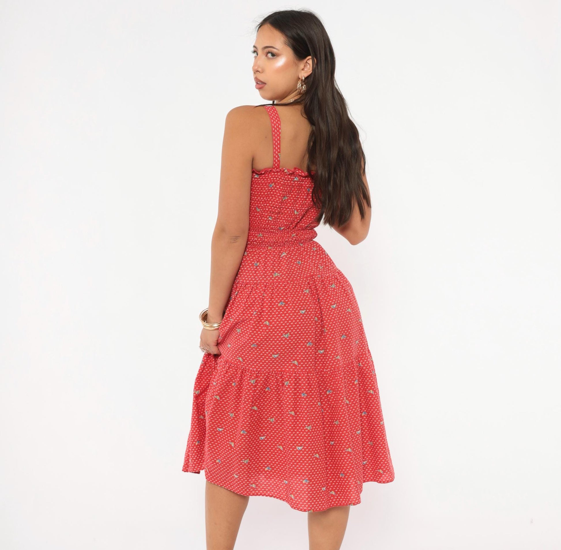 70s Red Sailboat Print Sundress Smocked Bodice Cotton Knee Length Medium M