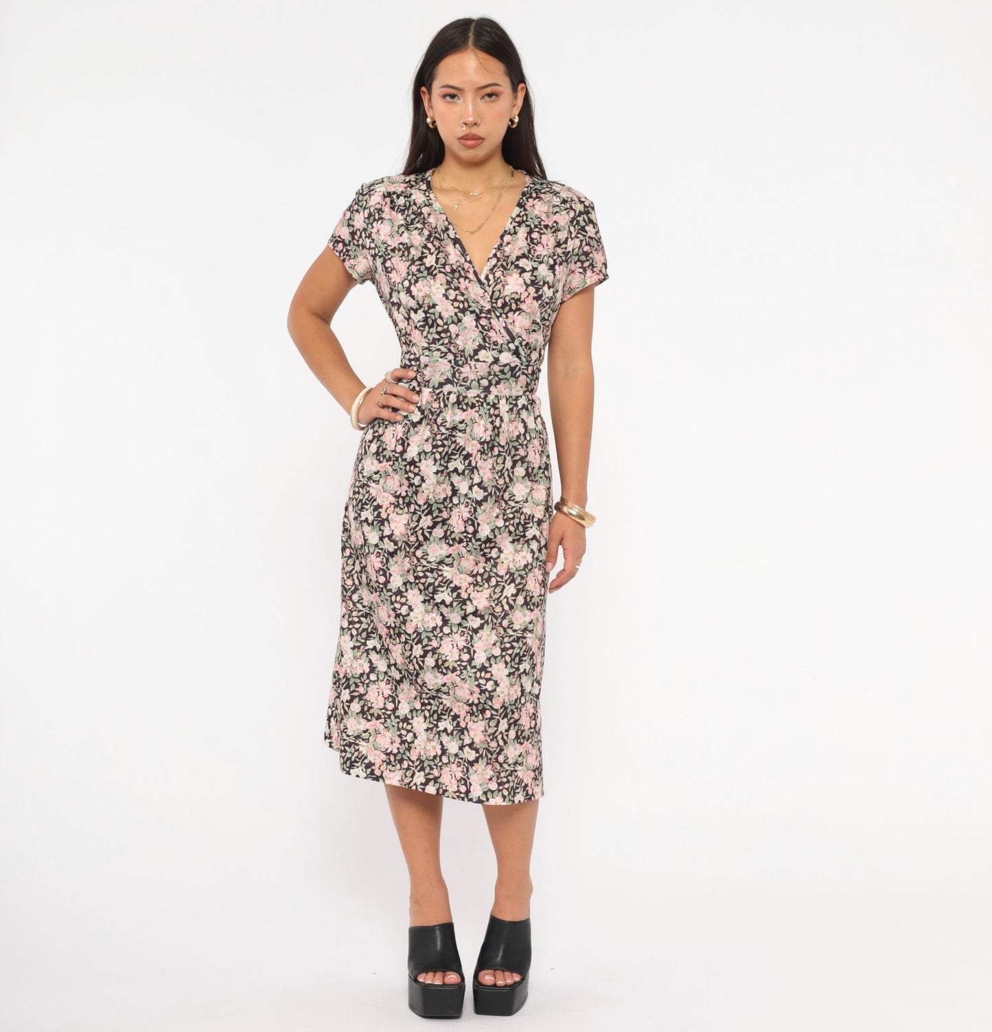 90s Mr. Duval Floral Wrap Dress Midi Garden Print Brown Pink Large L