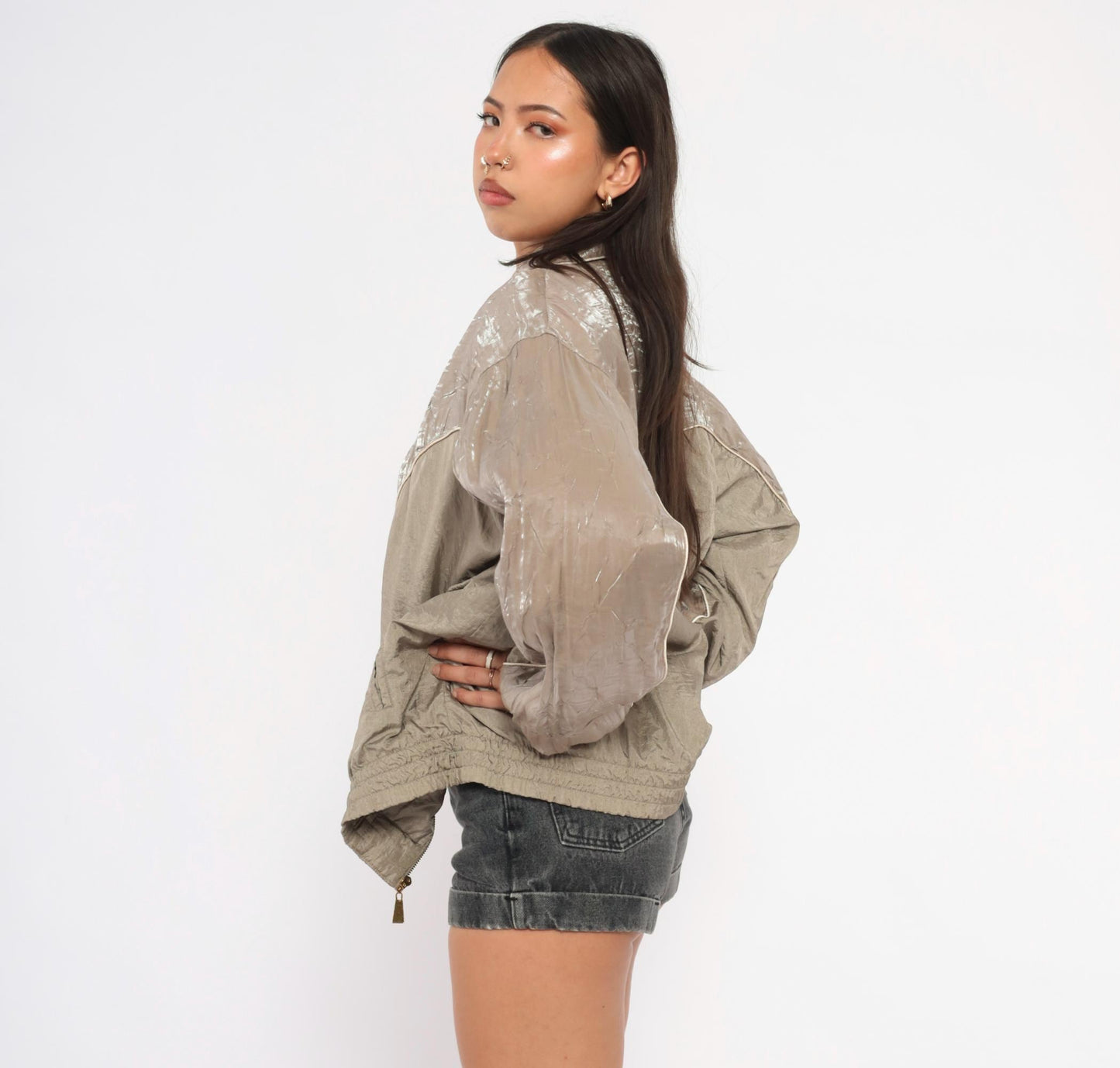 90s Cabin Creek Windbreaker Taupe Nylon Jacket Cream Piping Medium M