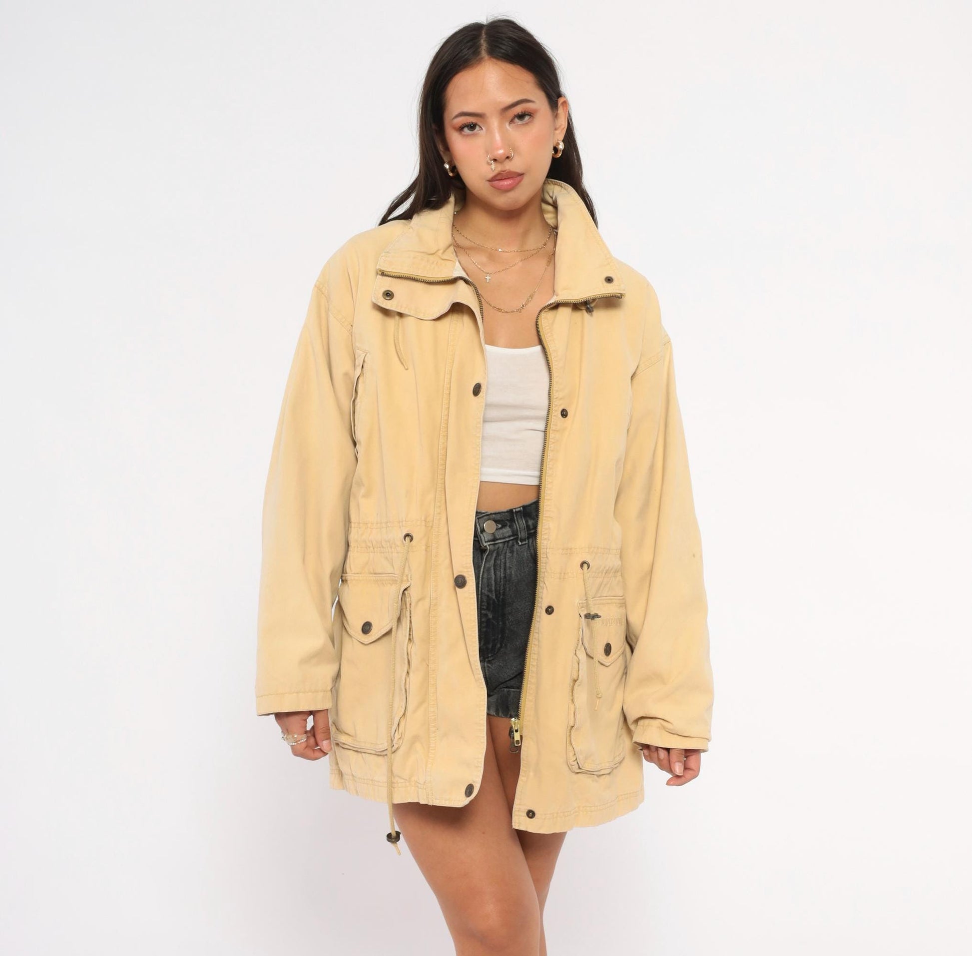 90s World Adventure Wolverine Tan Parka Cargo Jacket High Collar Small Petite