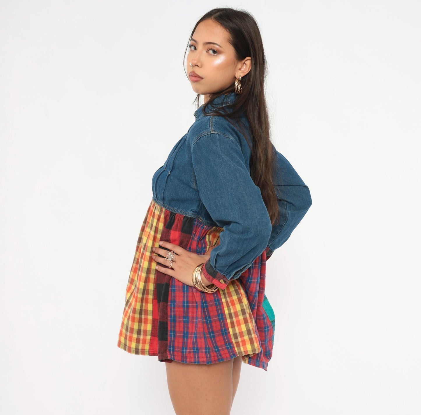 90s American Pop Denim Babydoll Mini Dress Patchwork Plaid Multicolor Extra Small
