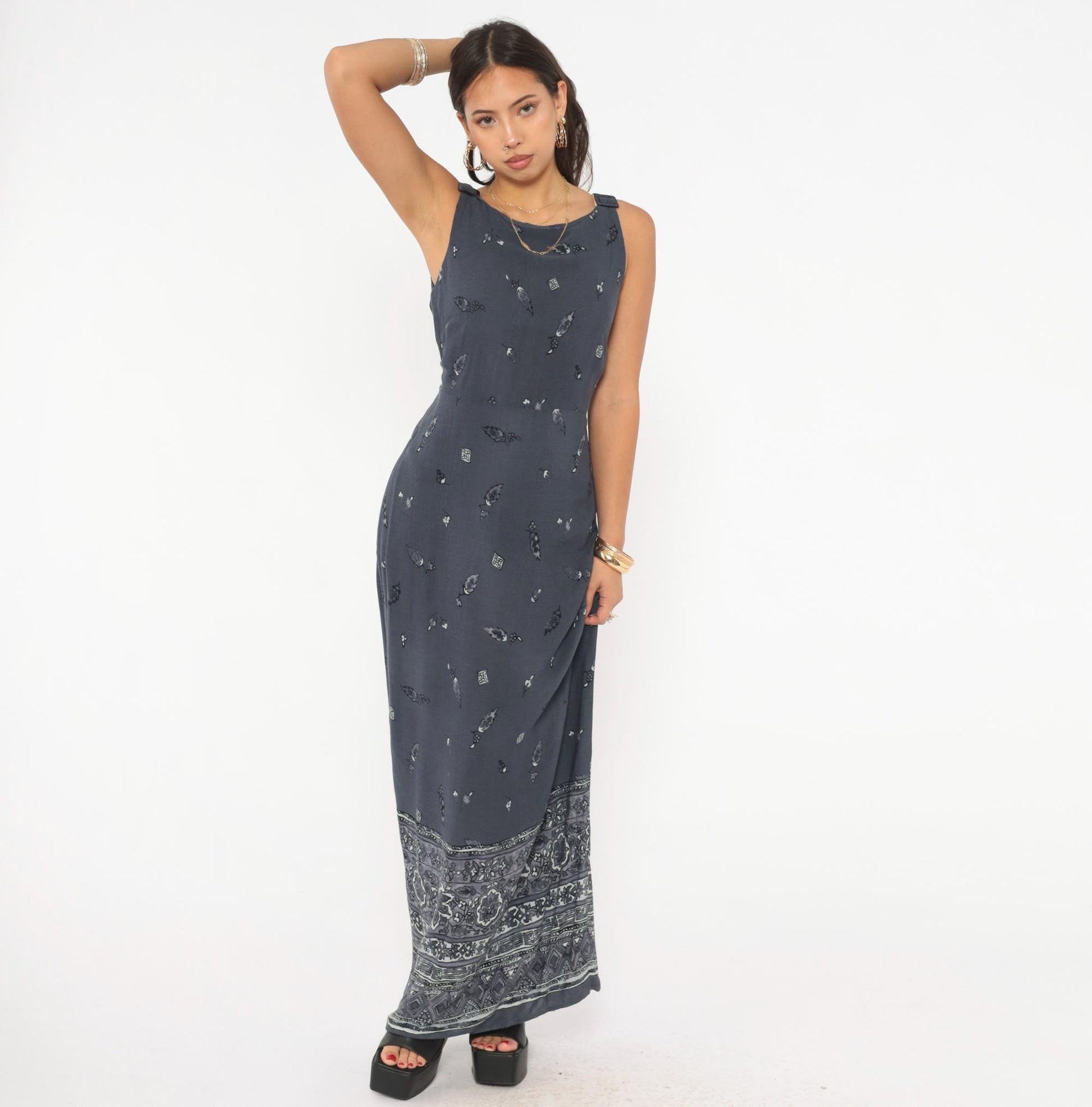 90s CDC Grey Floral Maxi Dress Tie Back Tank Small S