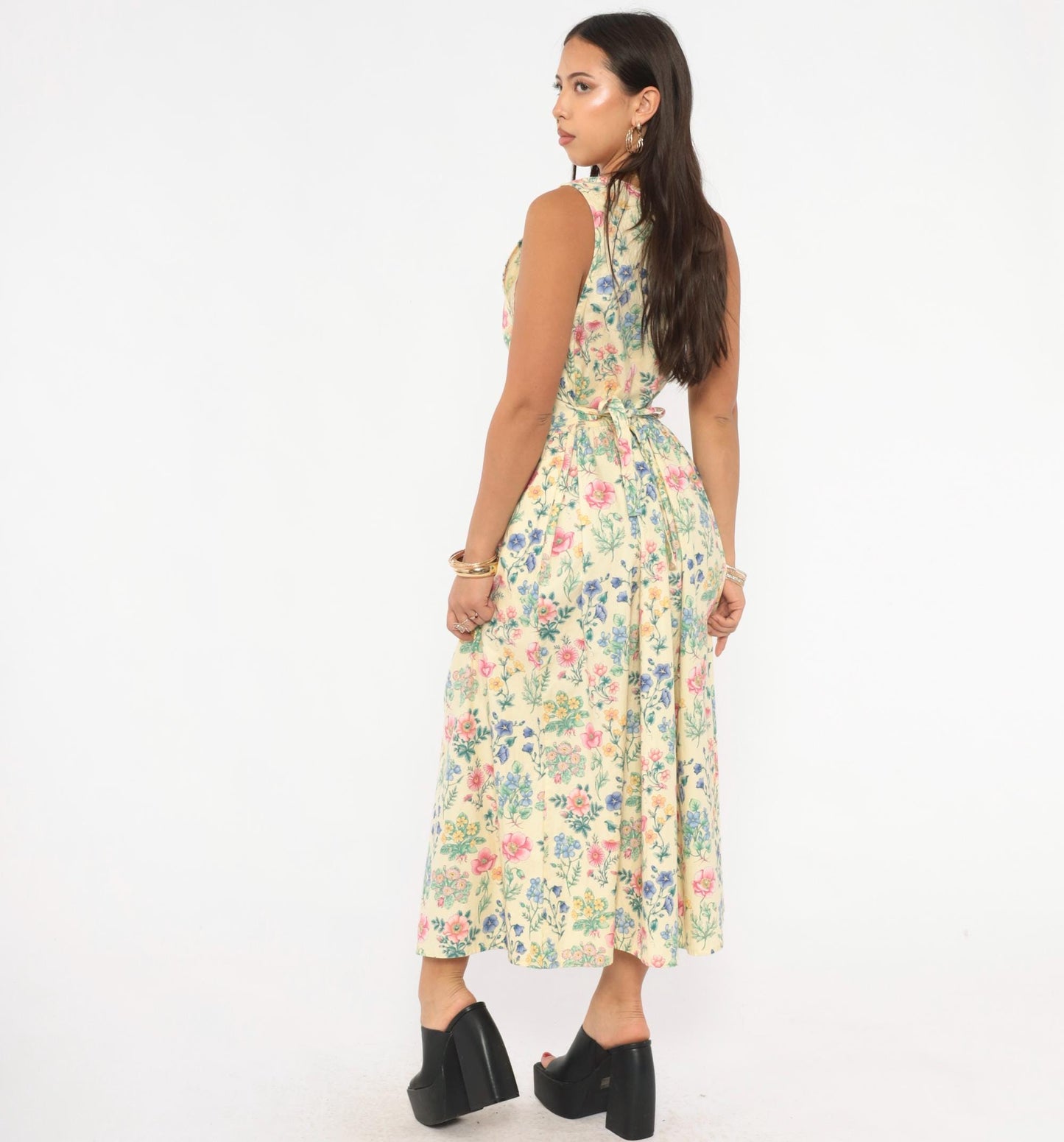 90s Faith Mountain Company Botanical Midi Dress Butter Yellow Floral V-Neck Small