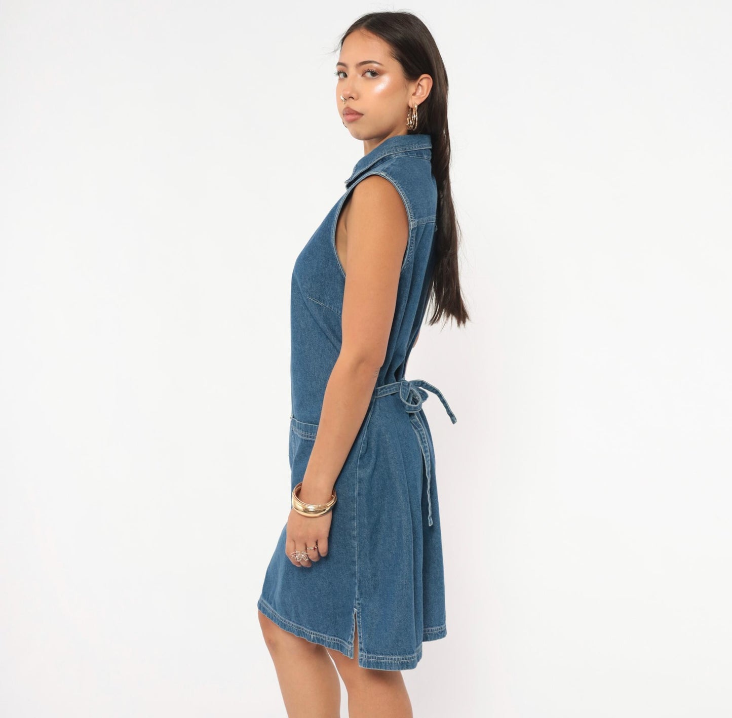 90s Denim Shift Dress Sleeveless Button Front Blue Jean Medium Large