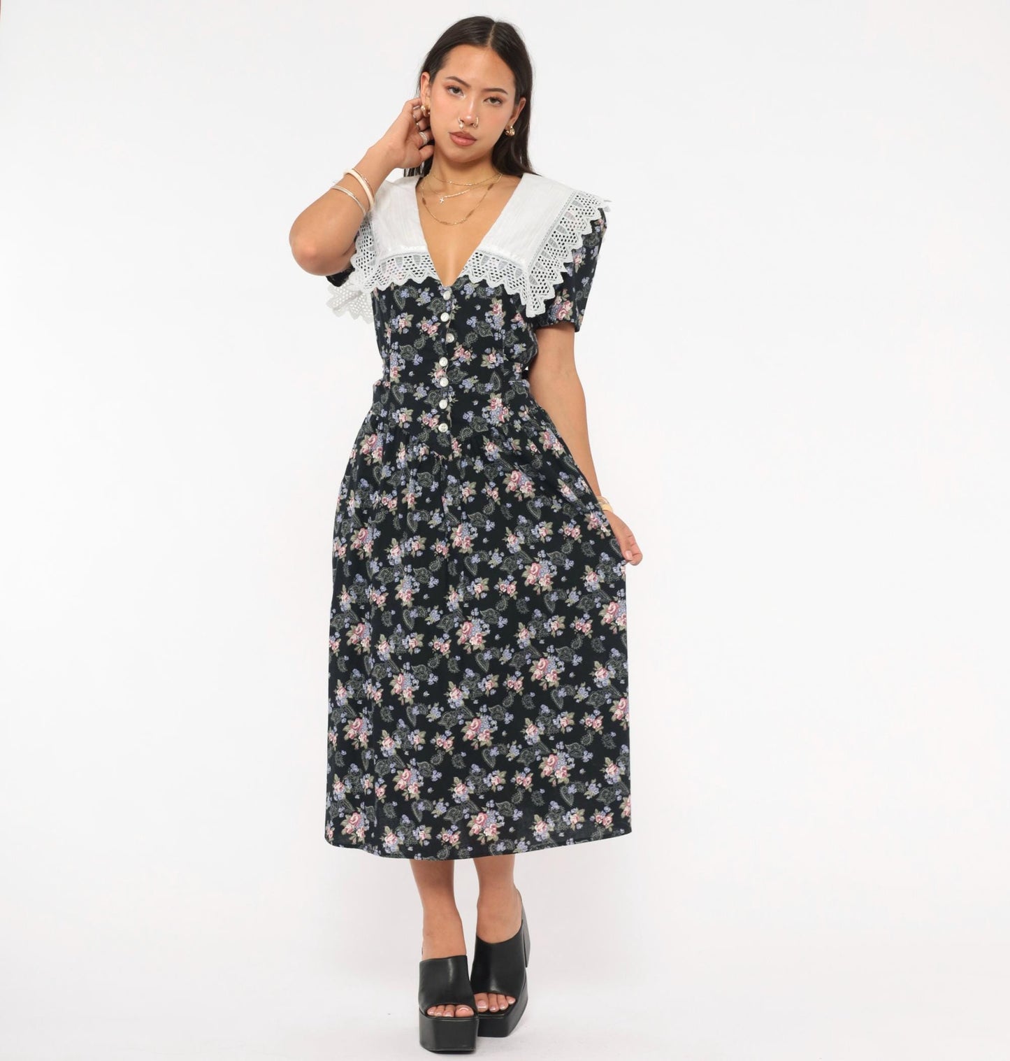 80s Eber Navy Floral Midi Dress Lace Collar Cotton Paisley Medium M