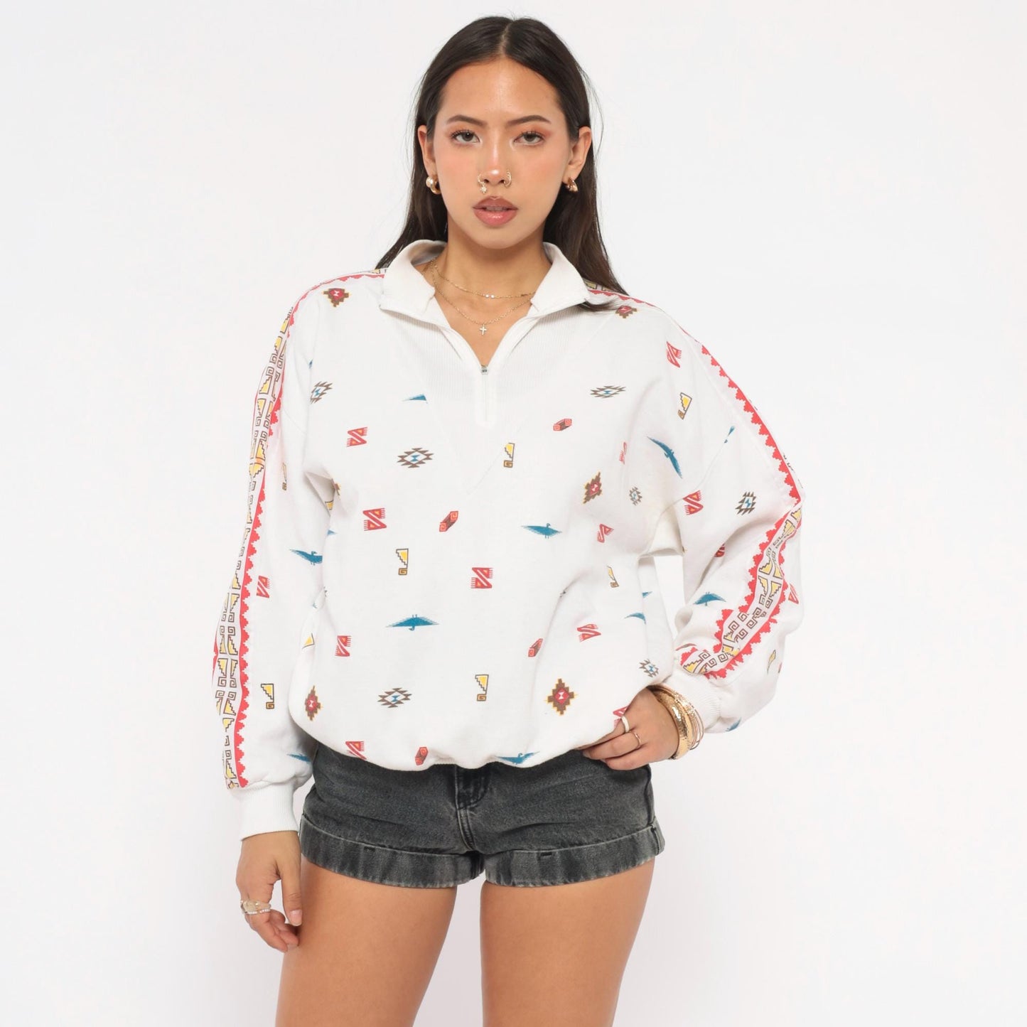 90s Steppingstones Southwestern Quarter-Zip Pullover White Thunderbird Large L