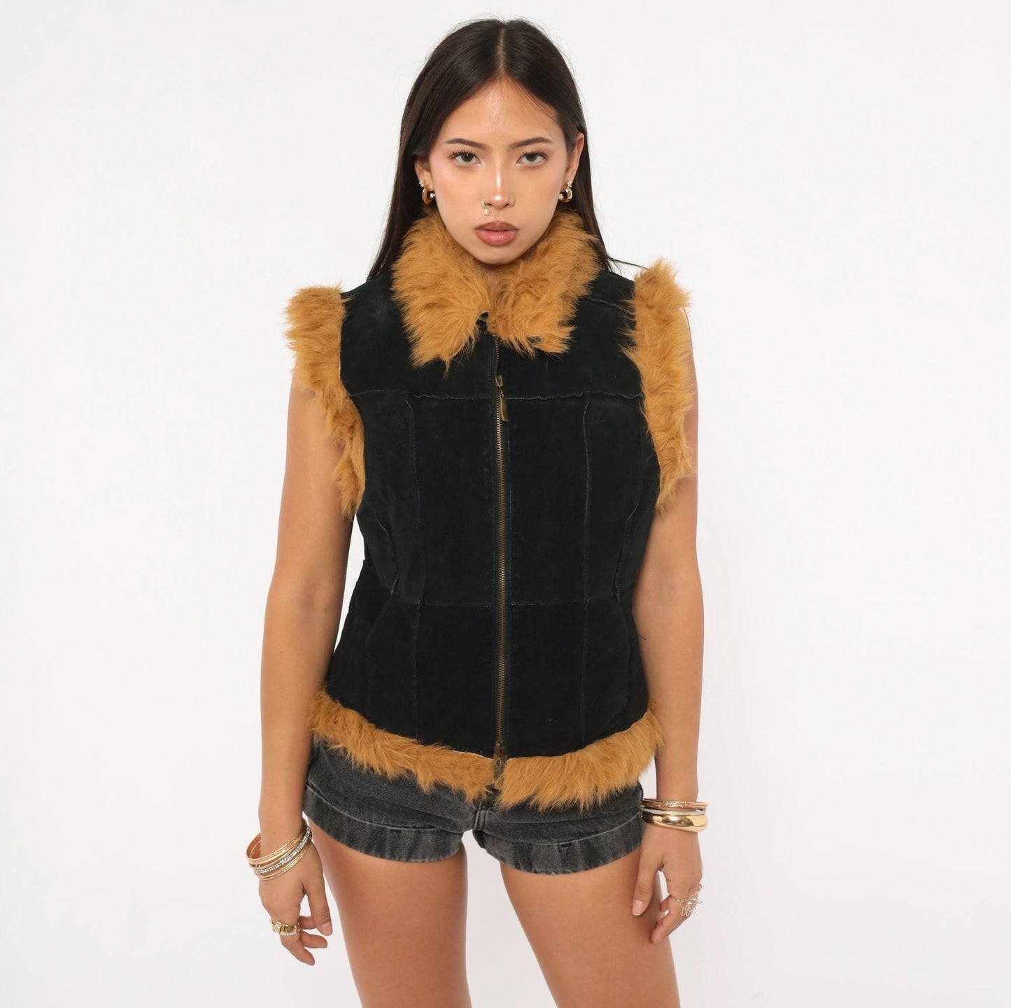 Y2K Jennyfer J Black Leather Vest Tan Faux Fur Trim Zip Front Medium